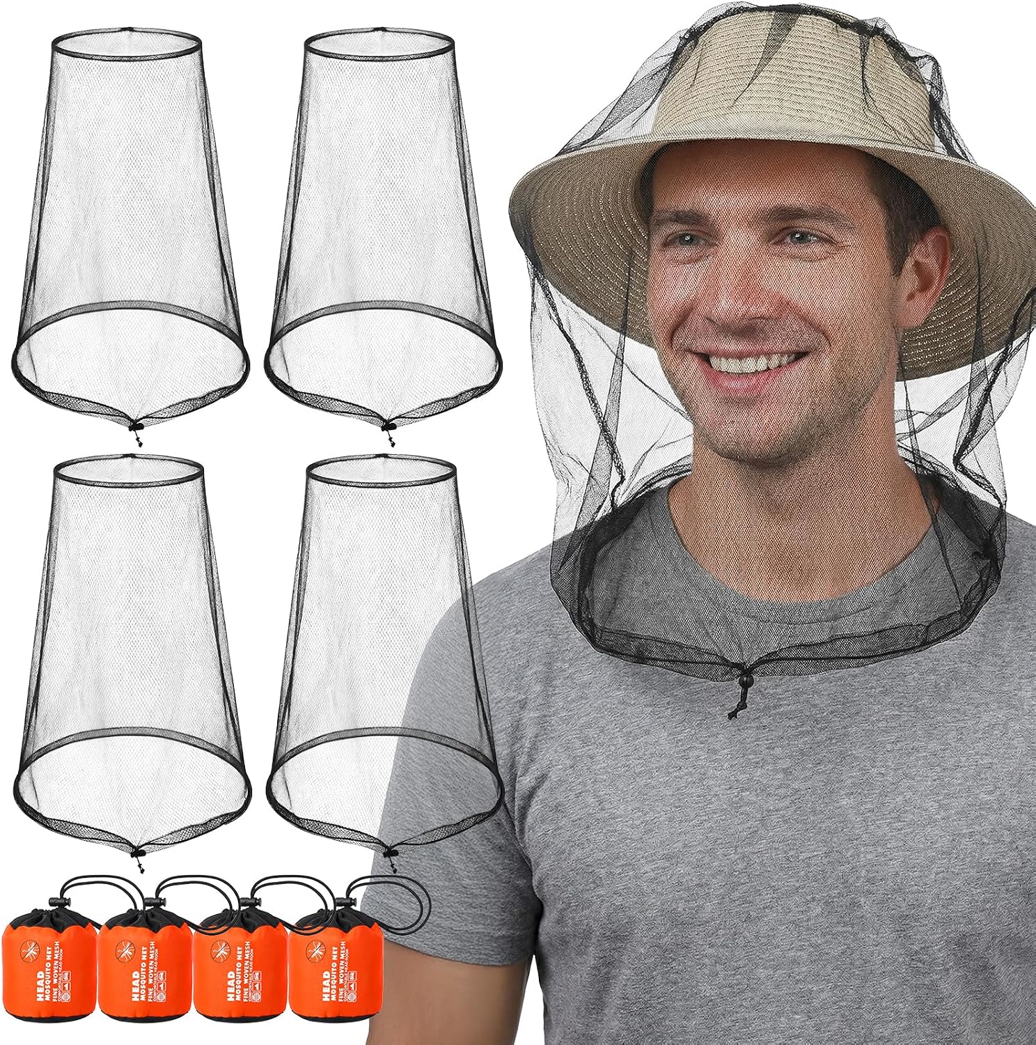 4 Pcs Mosquito Head Net, Breathable Bug Net, Ultra Large & Long Mosquito Hat with Drawcord, Fly and Insect Proof Equipment for Camping, Hiking, Fishing, Gardening and Wildlife Park (Black)