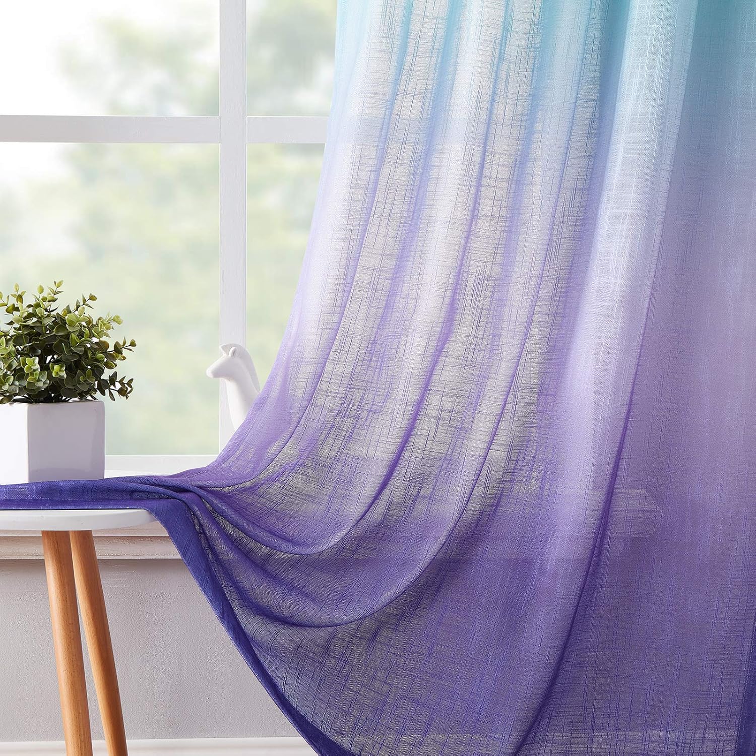 Melodieux Linen Textured Ombre Semi Sheer Curtains for Bedroom Living Room Mermaid Girls Kids Rod Pocket Gradient Drapes, Blue Purple Cyan Turquoise Teal Lilac, 52 x 63 Inch (2 Panels) Blue Purple 52x63 Inch