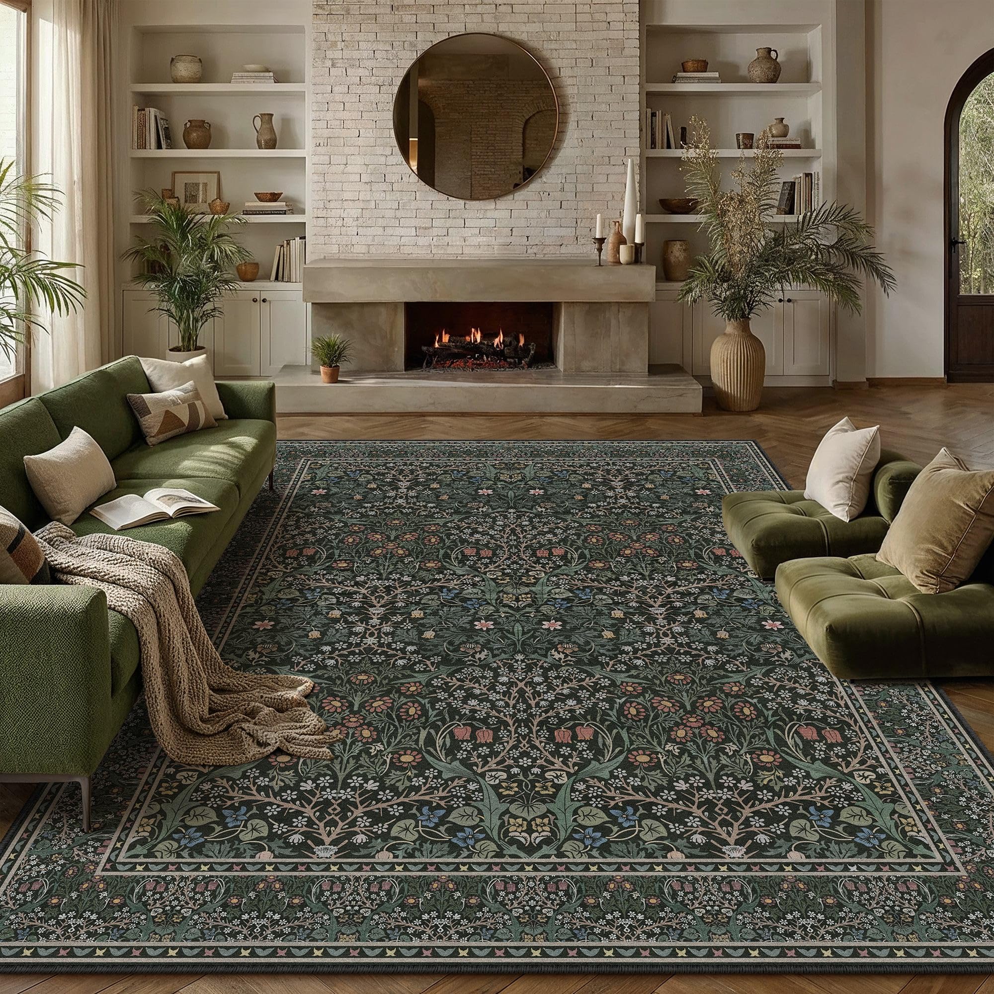 hugear vintage floral machine washable 8x10 area rugs black green living room bedroom rug retro neutral stain resistant non slip low pile throw carpet for home aesthetic modern decor