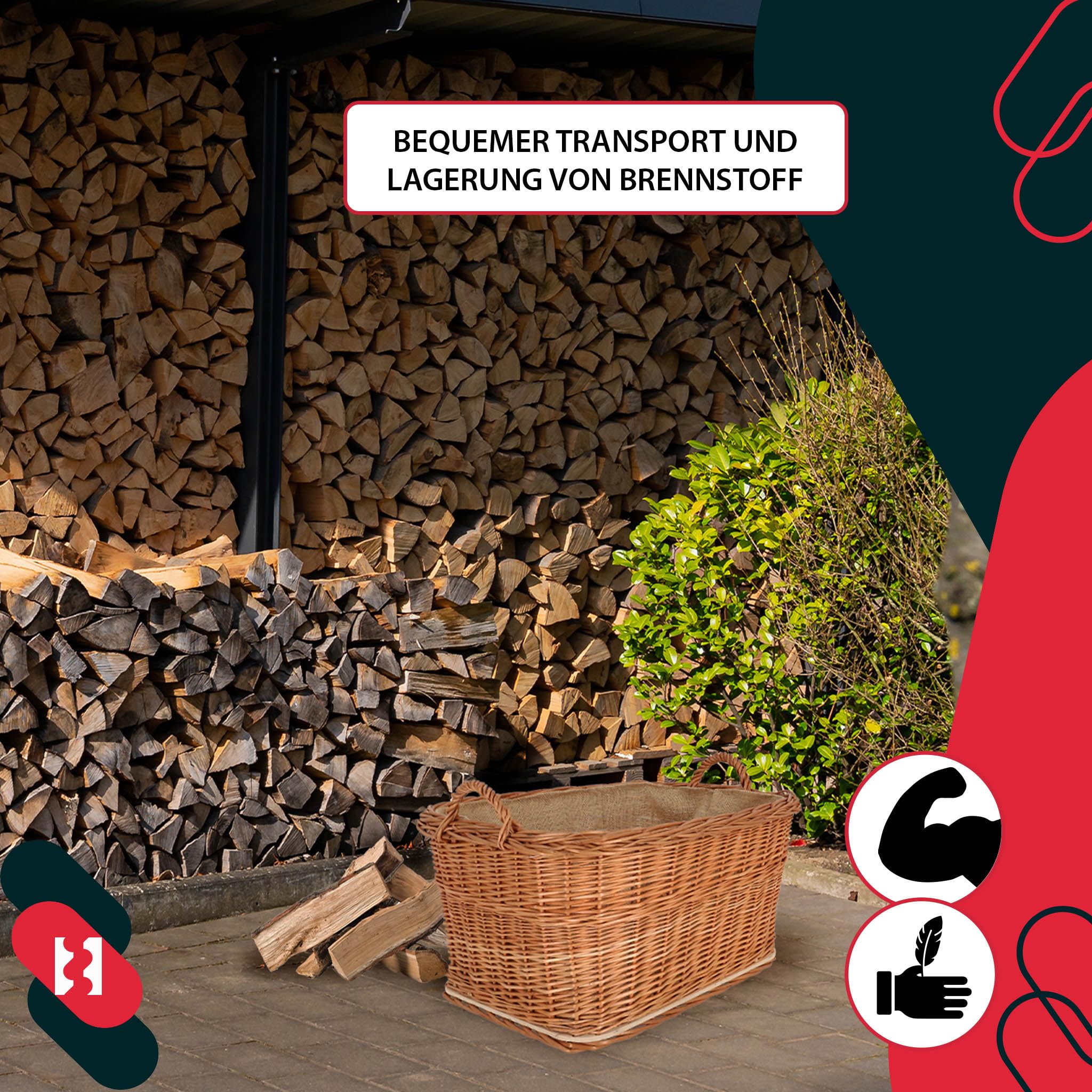 KOTARBAU® Weidenkorb für Brennholz - Holzkorb für Kaminholz - Erntekorb - 60x50 cm - Kaminholzkorb mit Henkel - Holz Tragekorb - Brennholzkorb - Weide - Natürlich - Naturfarbe