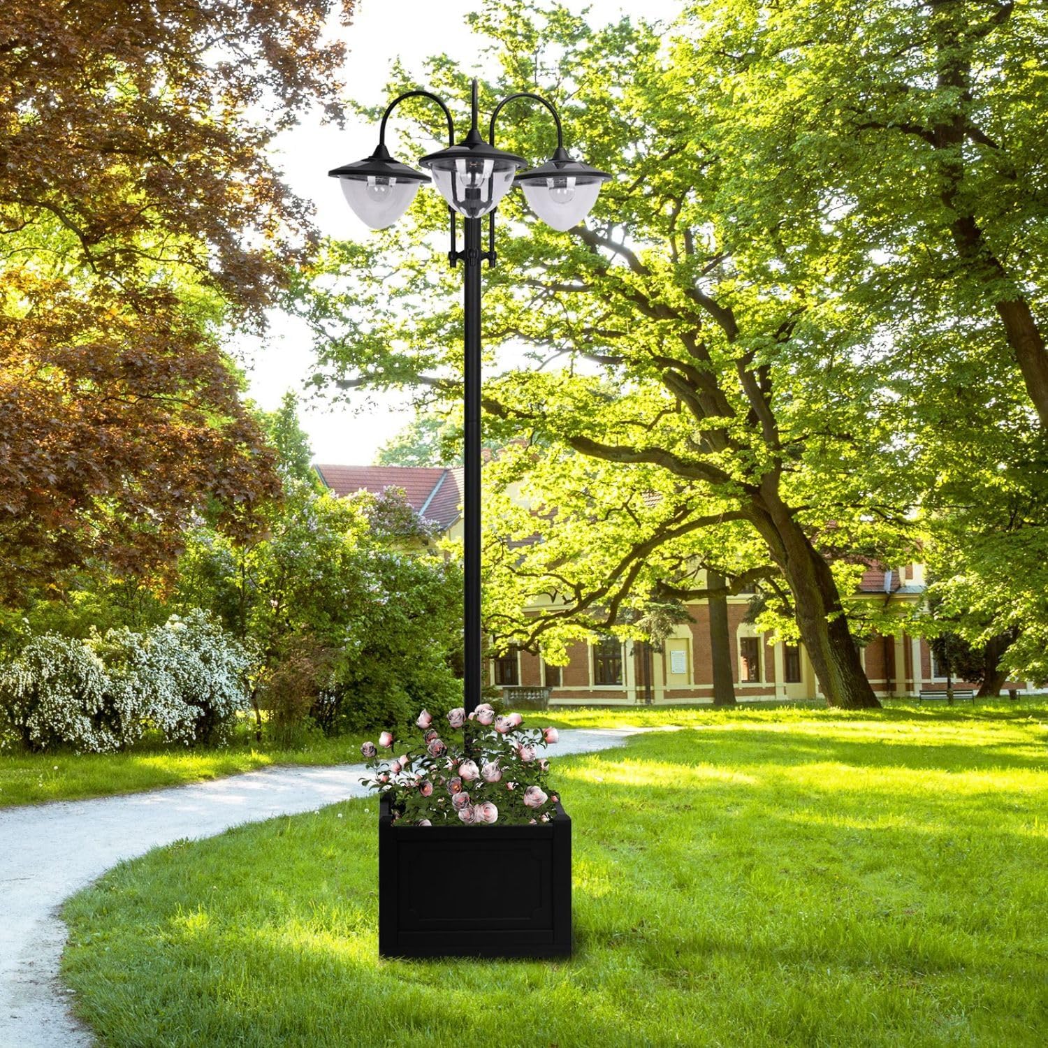 74.5" 3-Head Solar Lamp Post Street Light with Planter, Automatic-on, 6 Hour Max Outdoor Ready LED Lighting, Black