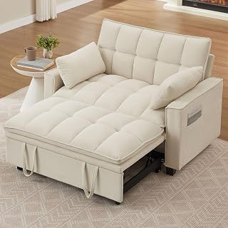 Sleeper Sofa with Pull Out Couch Bed, 48" Convertible Pull-Out Sofa Bed Chair, 3-in-1 Futon Couch with Reclining Backrest and Side Pockets for Living Room Bedroom Apartment, Beige