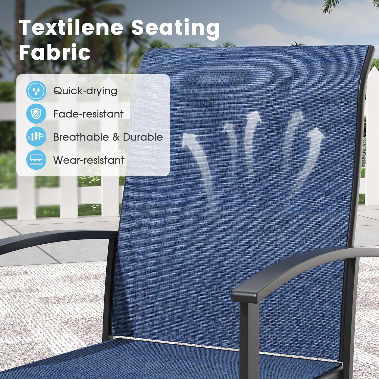 5 Pieces Outdoor Patio Dining Set, 40.6" All Weather Round Metal Table with Umbrella Hole and Storage Shelf, 4 High Back Textilene Swivel Chairs for Garden, Lawn, Black Table & Blue Chairs