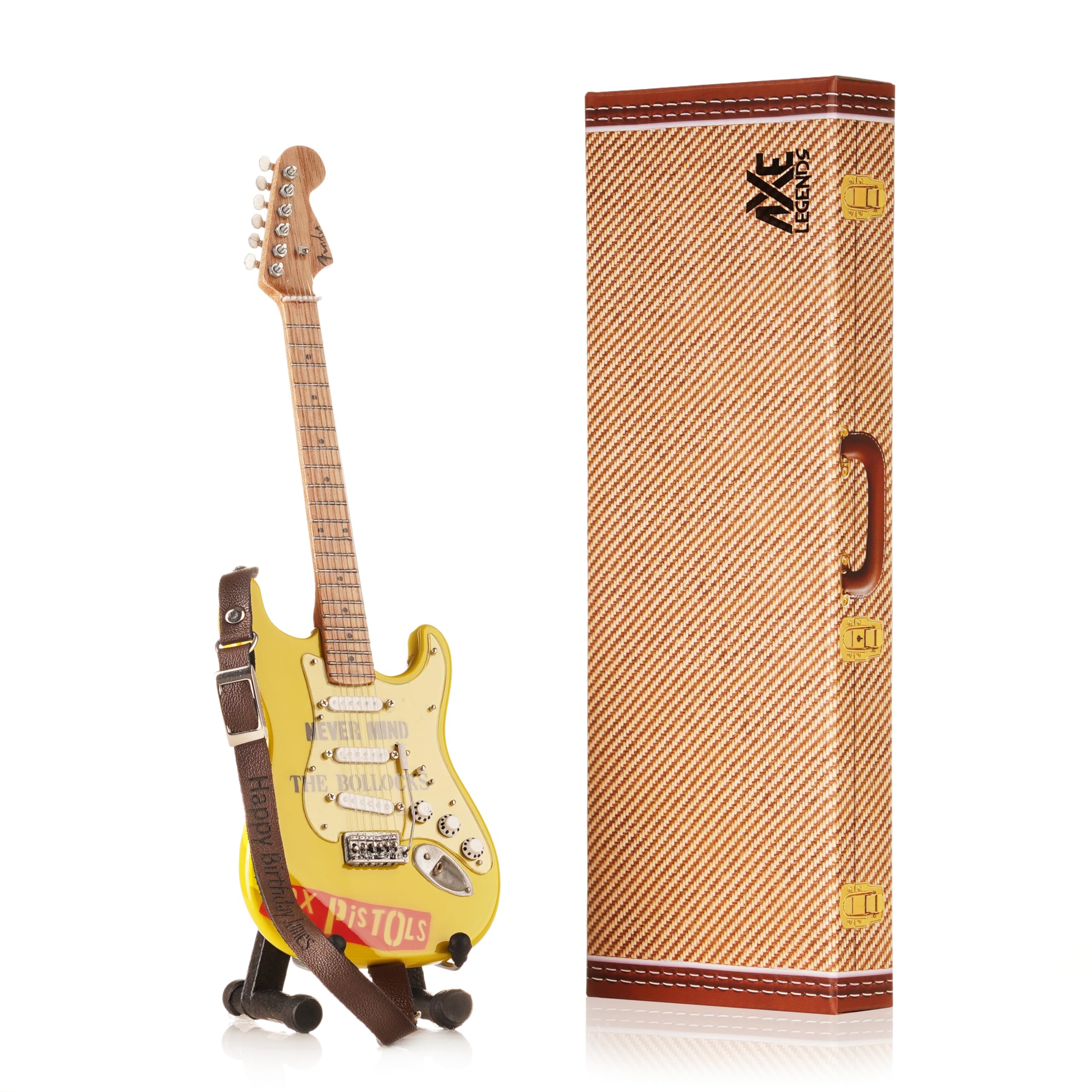 Axe Legends Yellow Strat SP Miniature Guitar | Handmade Wooden Mini Replica Includes Personalised Mini Leather Guitar Strap and A-Frame Display Stand | 25 cms Tall | Shipped in Gift Box