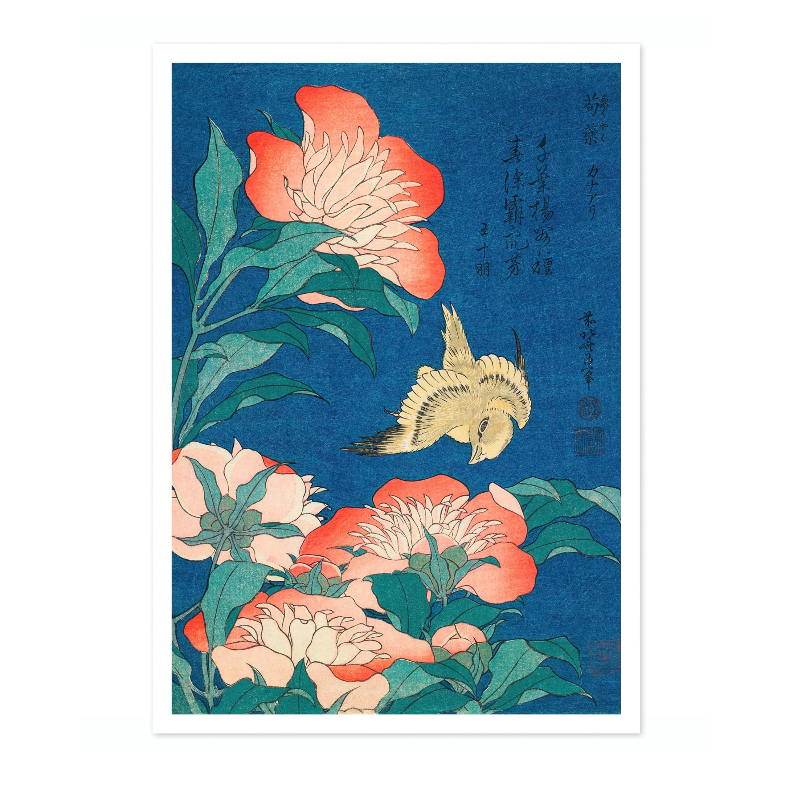 Peonies And Canary Katsushika Hokusai Poster, Japanese Woodblock Ukiyo-E Print, Vintage Art Picture Painting Wall Art Exhibition, Archival Matte, A3 (Print Only) - 42x29.7cm