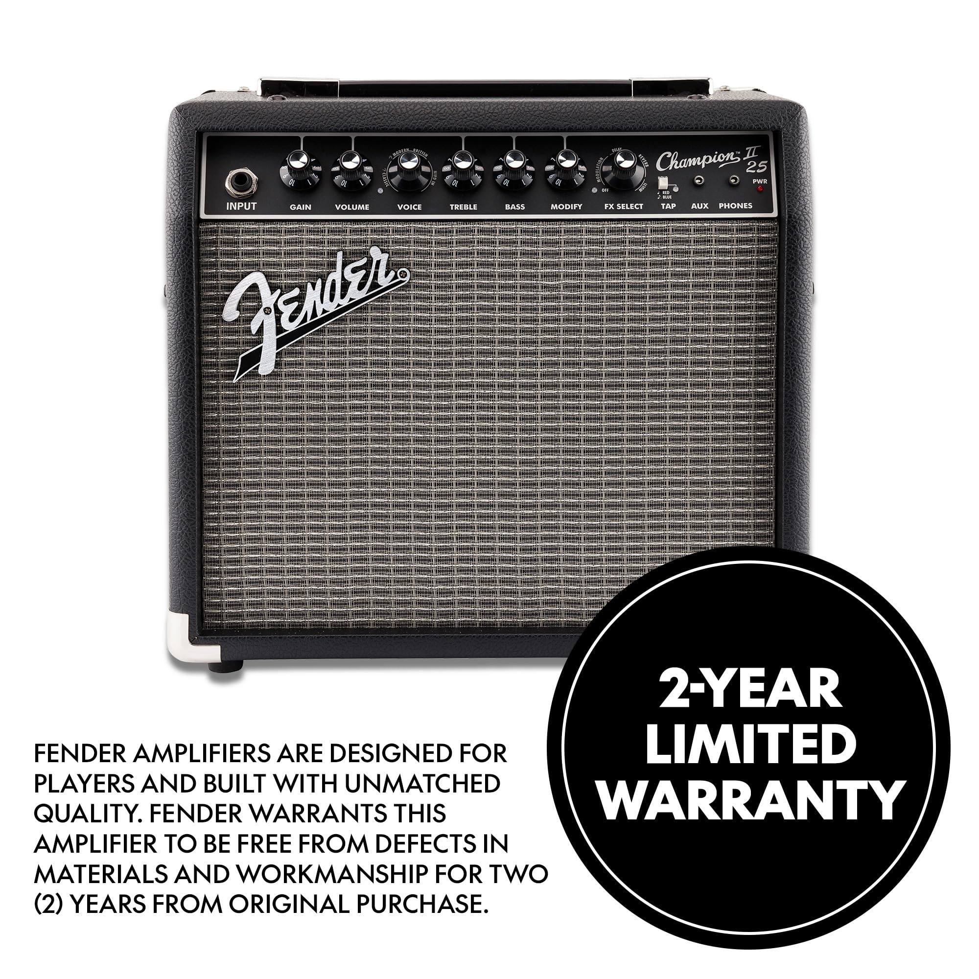 Fender Champion II 25 Gitarrenverstärker, 25 Watt, mit 2 Jahren Garantie, verfügt über 12 integrierte Effektmodelle