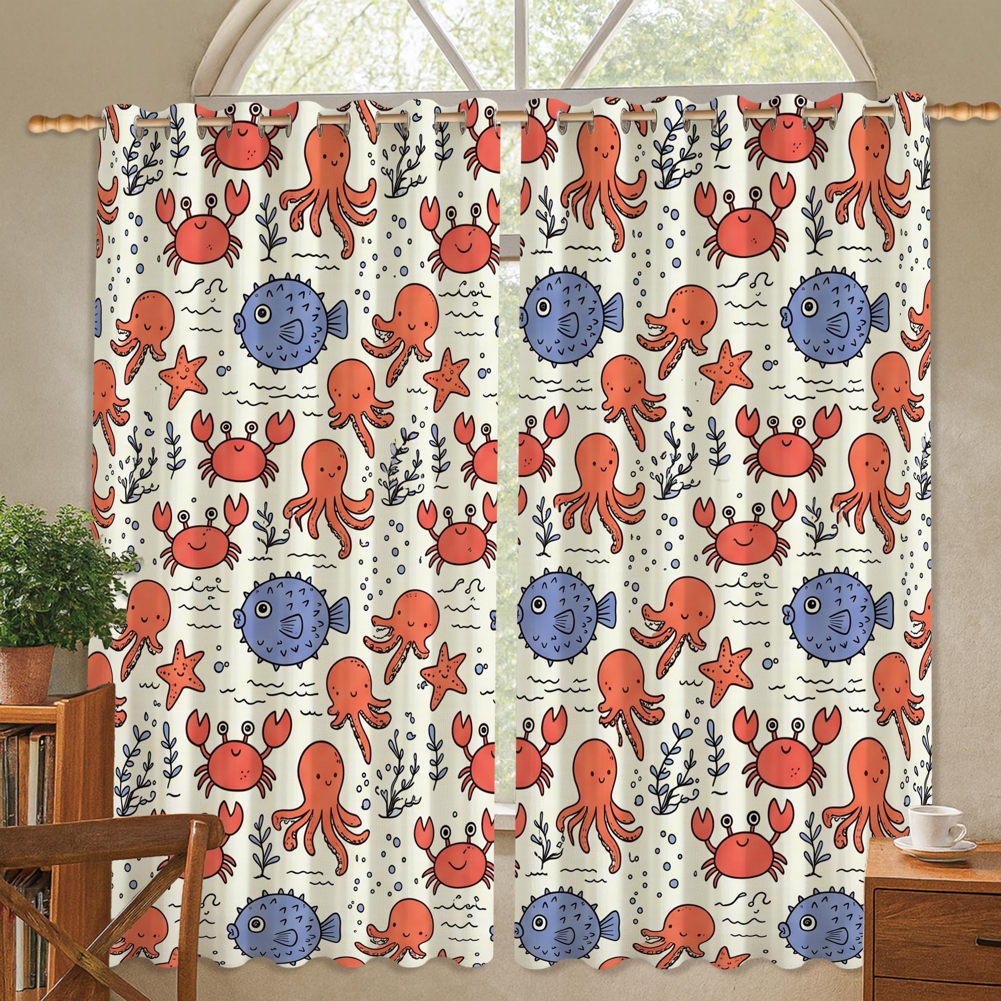 Rideaux occultants rouge motif pieuvre crabe et étoile de mer 132x137 cm