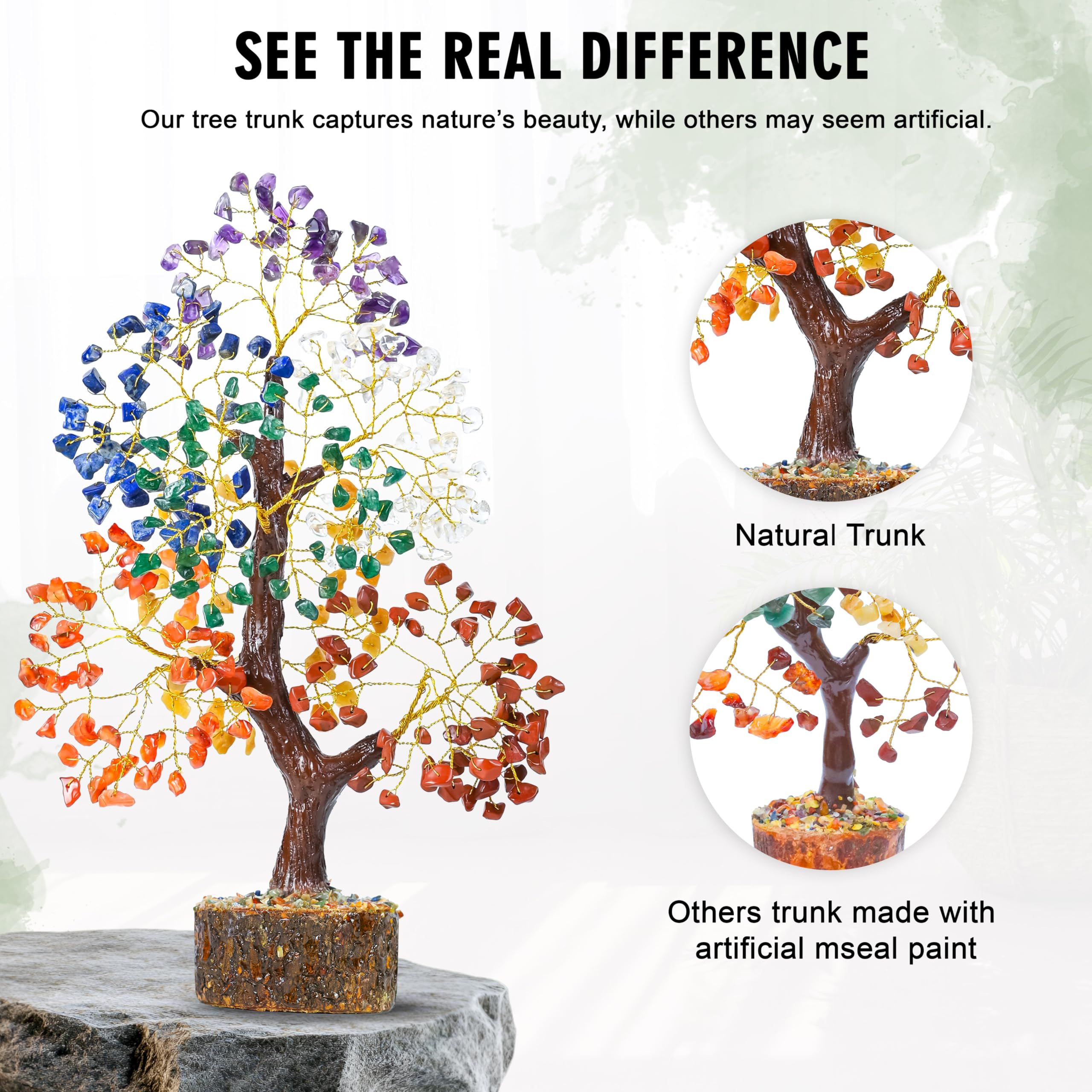 Crocon Albero della vita in cristallo curativo con tronco naturale, 7 chakra, pietra preziosa per buona fortuna, energia positiva, guarigione Reiki e decorazione per ufficio, donne,