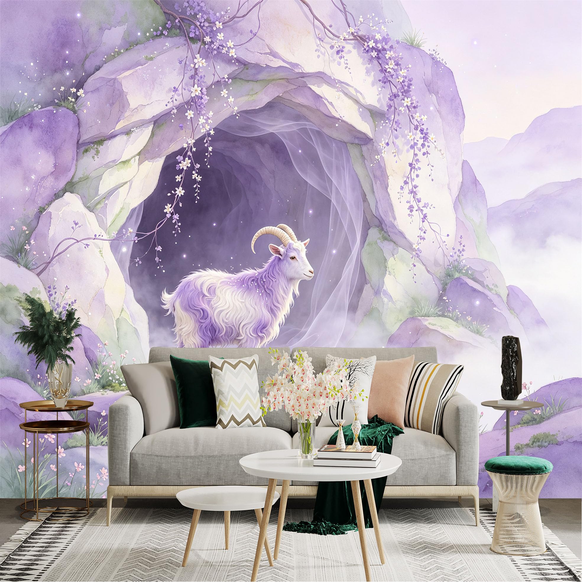 Lnzczhyre Bh260719241 Custom Size Wall Sticker Mural， Whimsical Purple Goat， Dreamy Watercolor Landscape， Misty Mountain Cave， Flowering Vines， For Wall Decoration， Peelandstick Wall Decals.