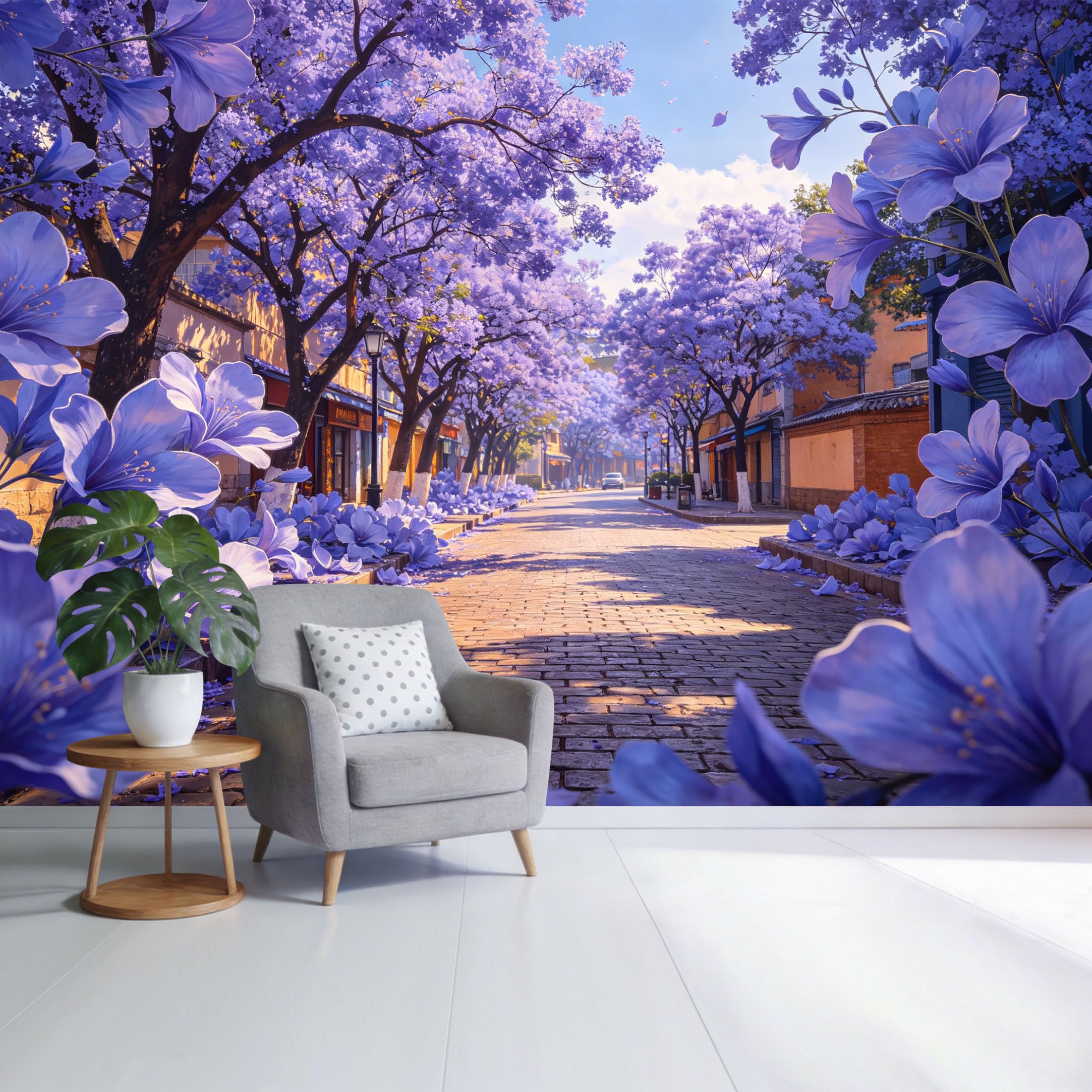 Custom Size Wall Mural Purple Blossom Street Landscape Flower Trees Watercolor Botanical Style SelfAdhesive Wall Fabric Removable Wallpaper for Home Office Decor