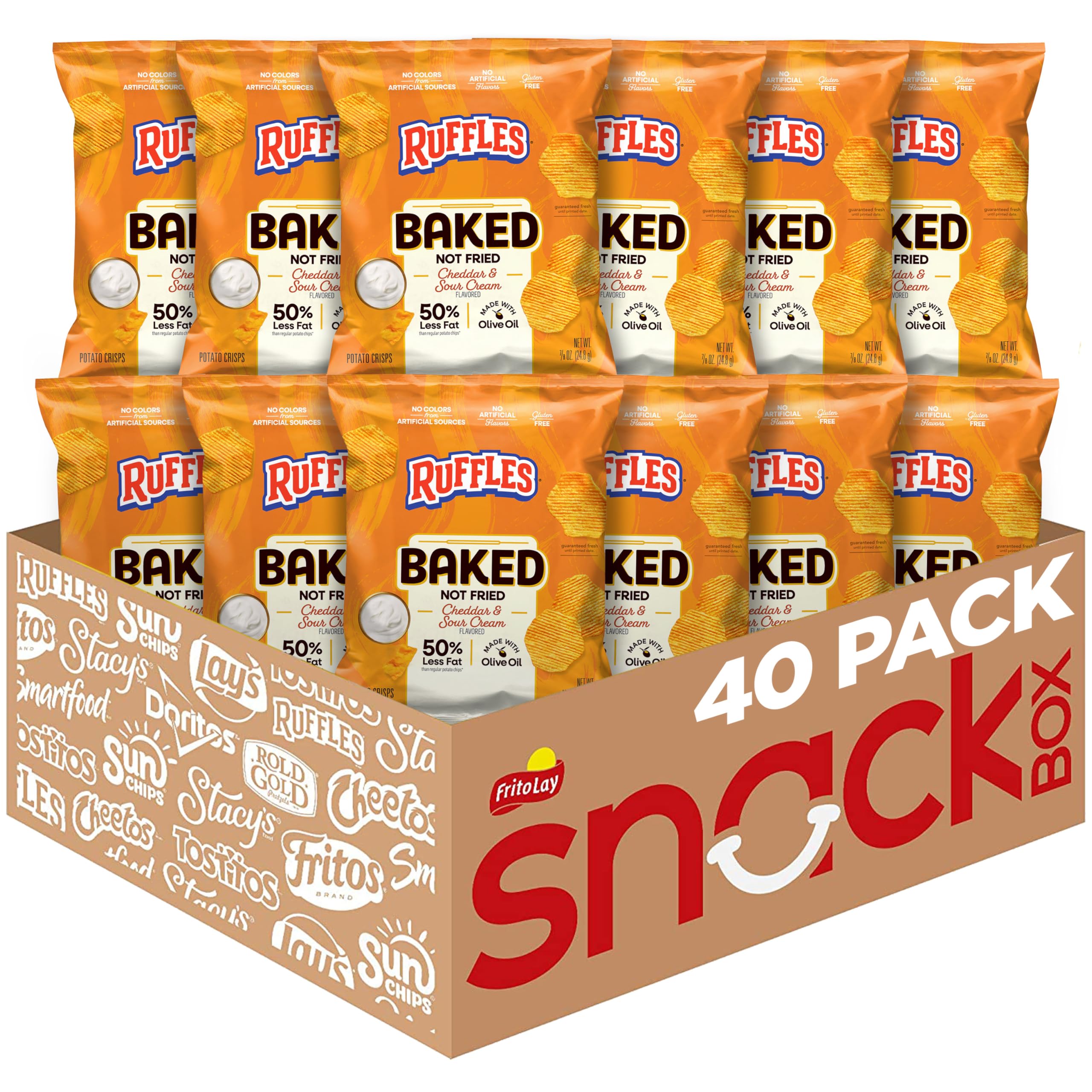 Baked Ruffles Potato Chips, Cheddar & Sour Cream, 0.875 oz Bags, (40 Pack), 50% Less Fat, Gluten Free, No Artificial Flavors, No Colors from Artificial Sources