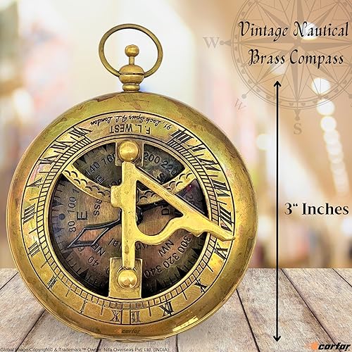 Miniatura 2 de Carfar Brújula náutica reloj de sol hecho a mano latón macizo estilo vintage reloj de sol Push Open Navigational Marine Brújula con estuche de cuero