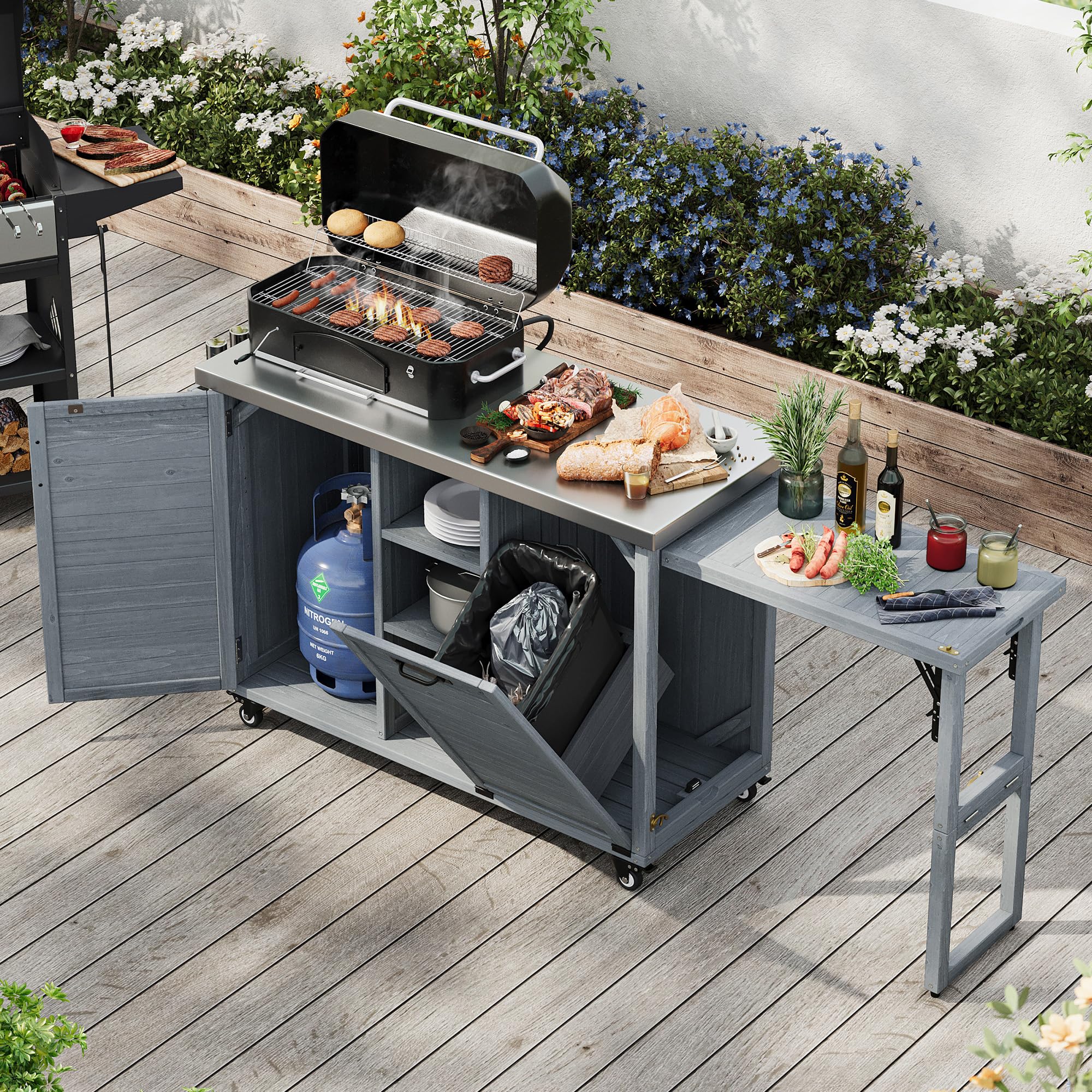 Merax 78.3" Outdoor Kitchen Island with Foldable Grill Table, Wooden Outdoor Grill Cart with Trash Can Storage &amp; Stainless Steel Top, Outdoor Bar Cart, Pizza Oven Table for Lawn &amp; Garden, Dark Brown