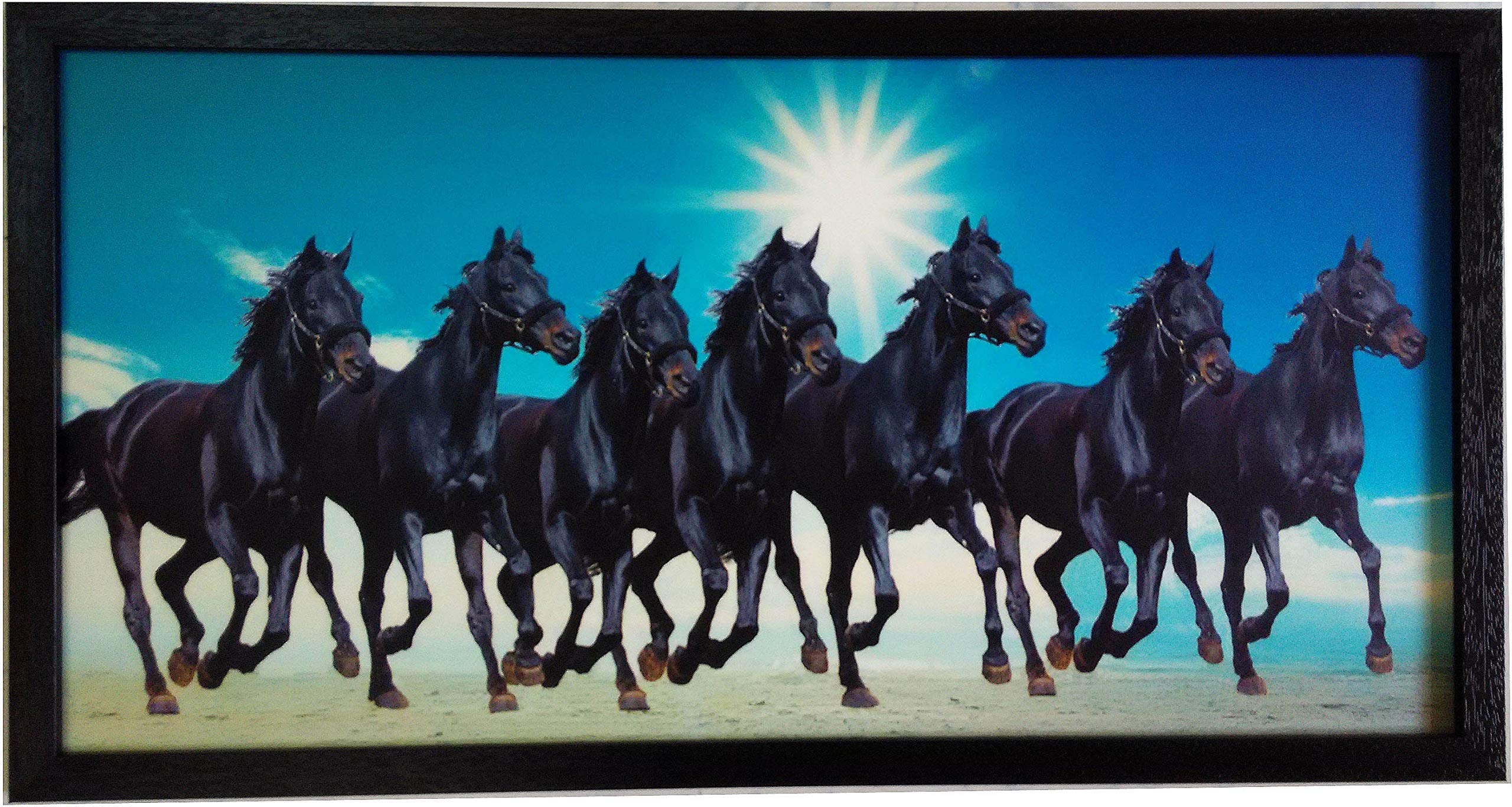 Elegance Vastu Seven Black Running Horses Painting Picture Photo Frame For Home Decor Frame Outer Size - 19.50 length x 10.50 height inch