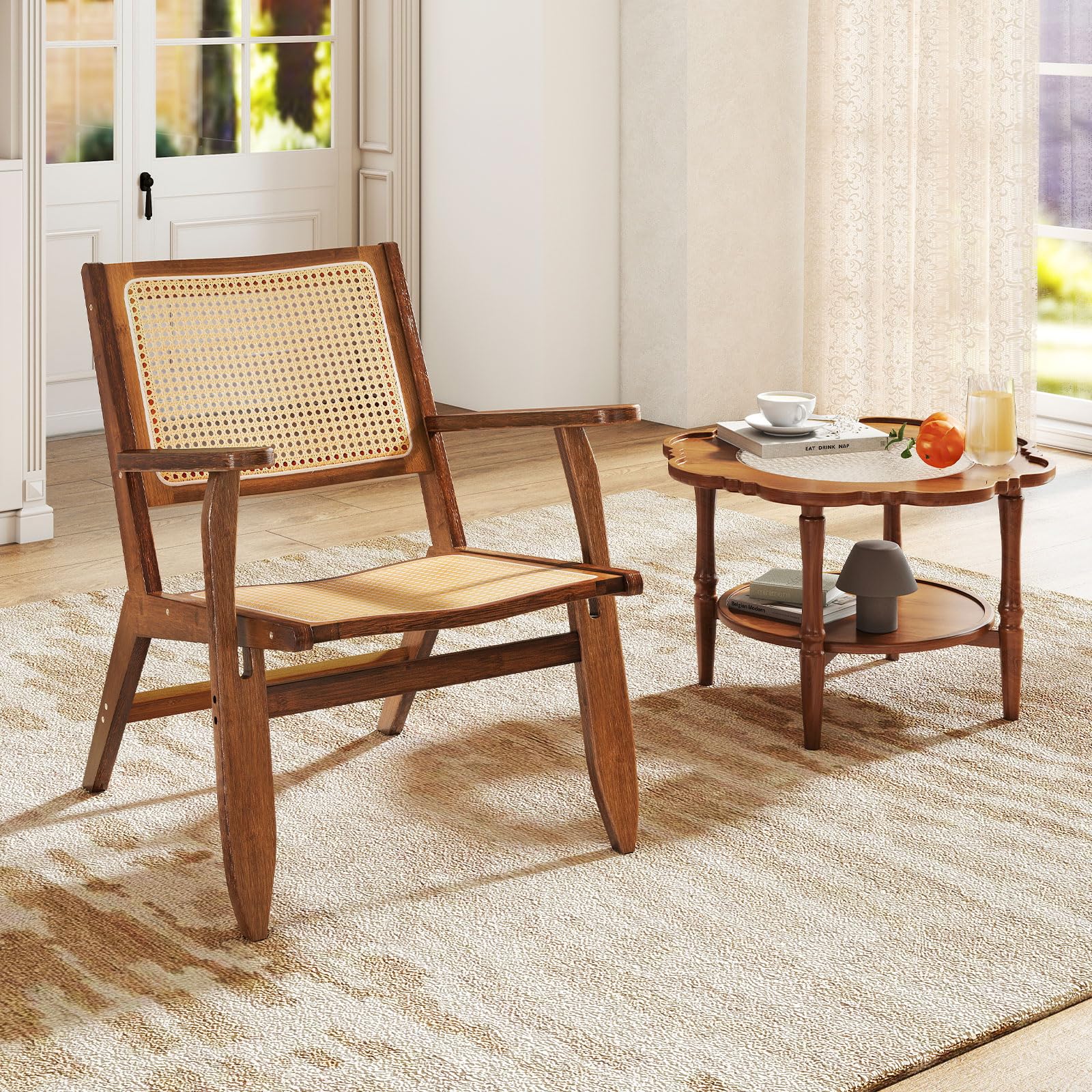 COSTWAY Silla de Ratán, Sillón de Salón de Madera, Butaca de Salón con Respaldo y Asiento Amplio de Ratán, Silla de Ocio de Lectura para Sala de Estar y Dormitorio, Nogal