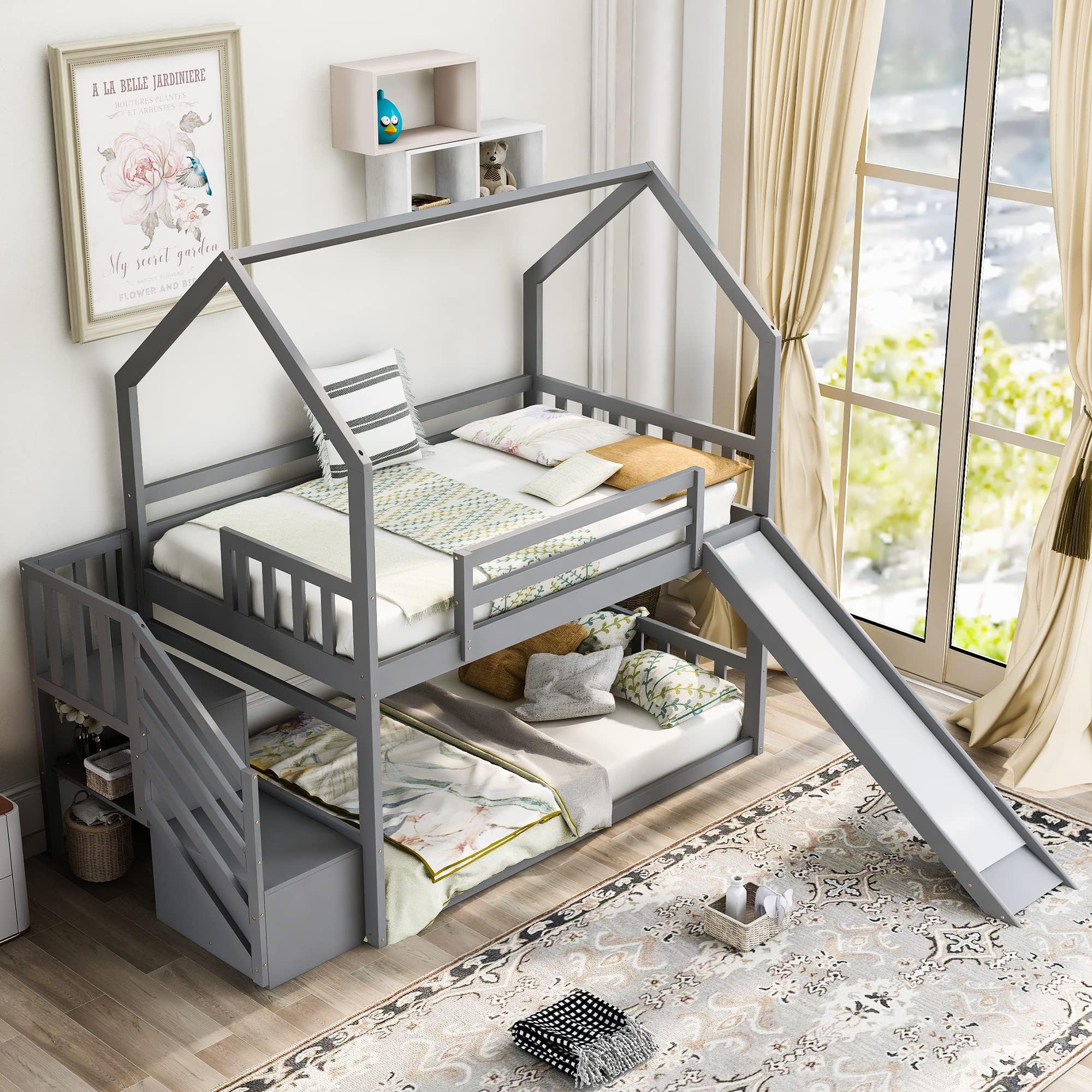 Twin Over Twin House Bunk Bed Frames with Slide and Storage Staircase, No Box Spring Needed, Black