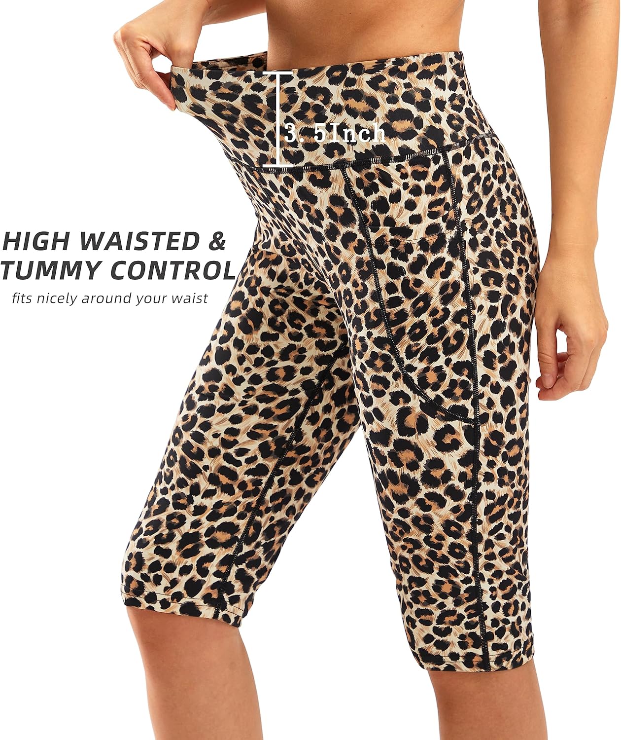 SANTINY Women's Knee Length Capri Leggings with Pockets High Waisted Workout Exercise Yoga Capris Pants for Women - Image 3