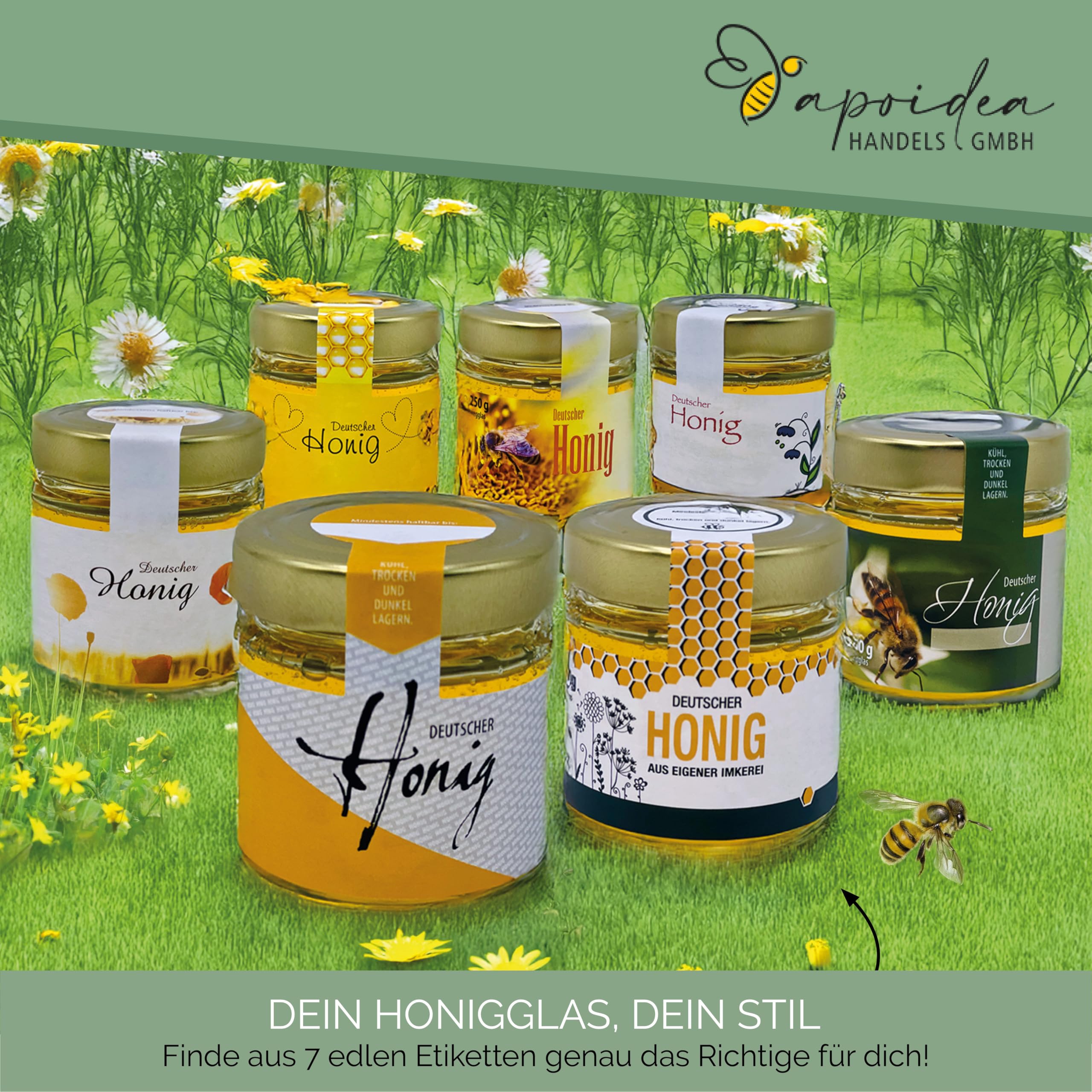 Apoidea – Honig Etiketten 500 g mit Gewährverschluss nassklebend – 100 Stück zum Stempeln/Etiketten Honiggläser/Honig Aufkleber für selbstgemachten Honig/Honigetiketten für Honiggläser