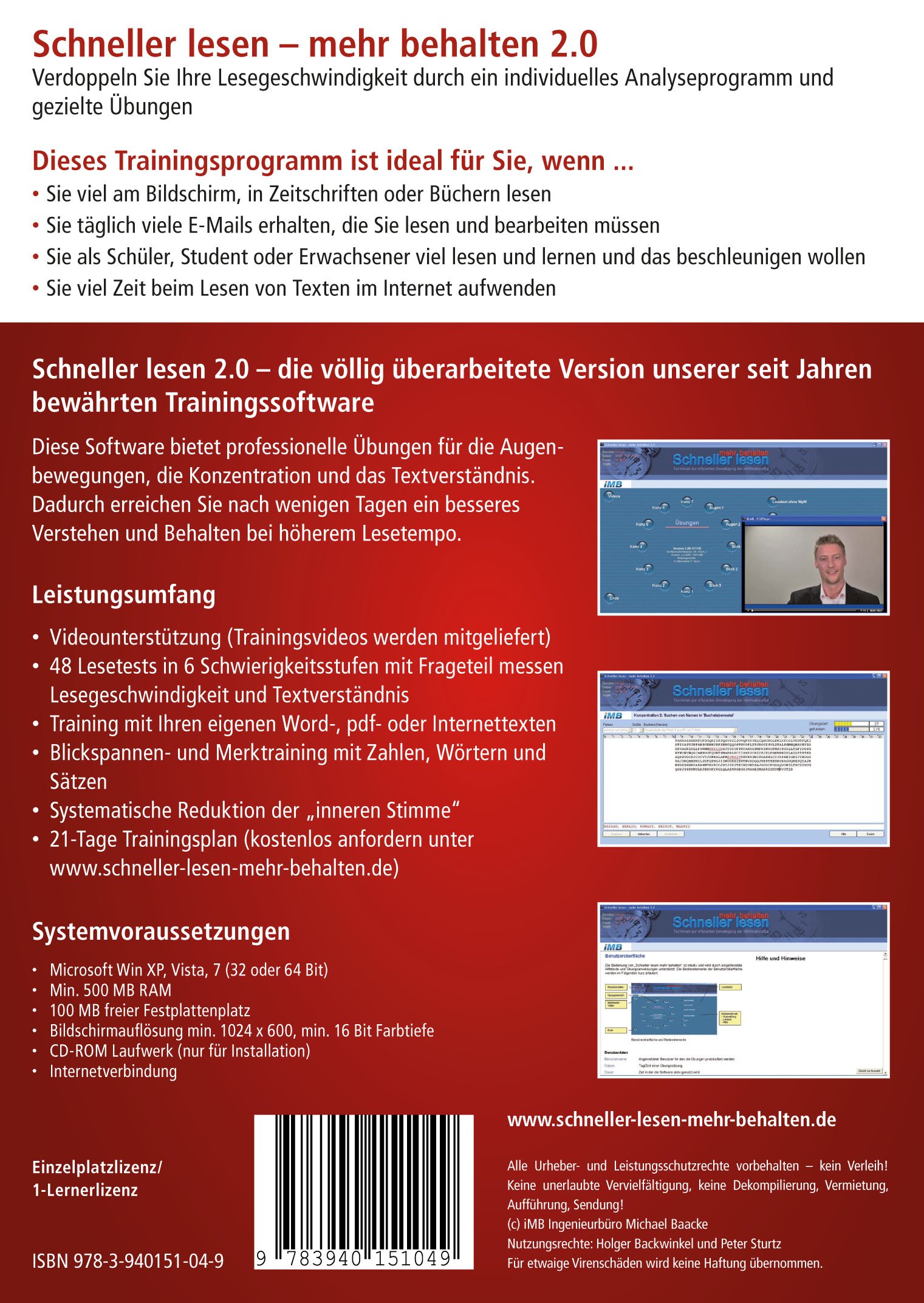Schneller lesen - mehr behalten 2.0 Lernsoftware / Schneller lesen Lernprogramm: Software zum "Schneller lesen" lernen, lauffähig auf Windows 10, 11: ... Windows xp, Vista, 7, 8 (außer RT (Tablet))