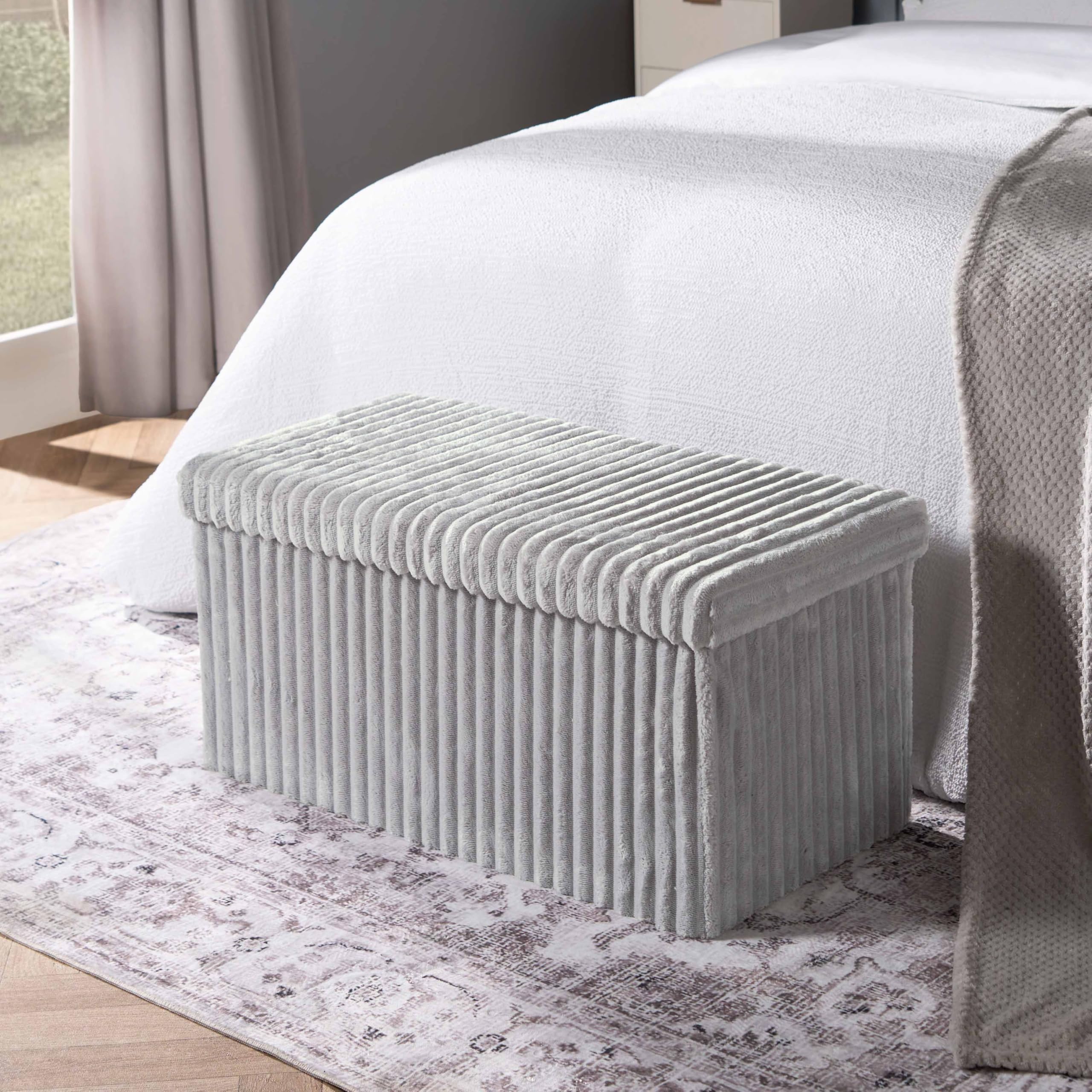 OHS Large Storage Ottoman Box, Space Saving Bench Grey Ribbed Footstool with Hidden Storages Padded Rectangle Ottoman Storage with Lid for Living Room Bedroom, One Size