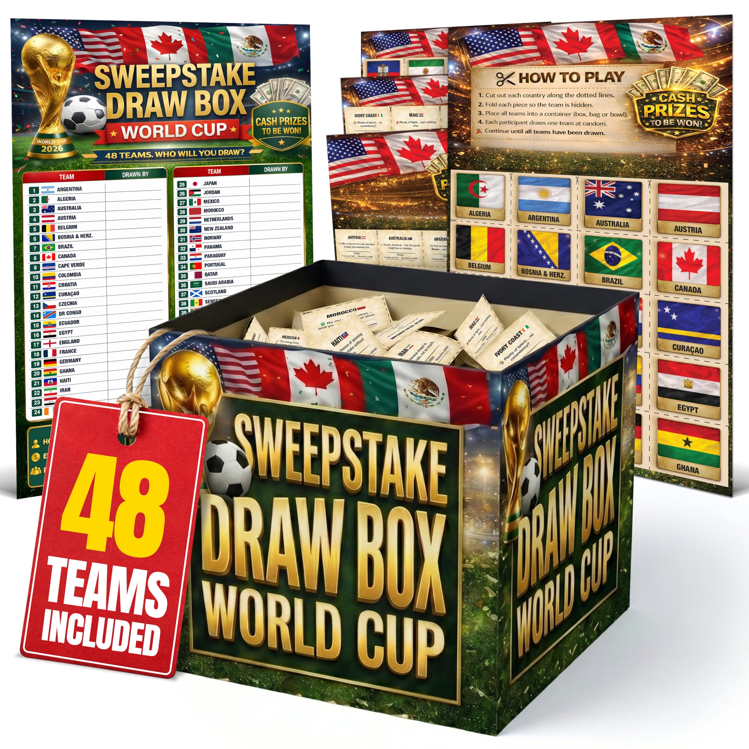 2026 World Cup Sweepstake Kit with Draw Box - All 48 Teams Flags Cutouts Funny Odds Cards with Draw Result Sheet - Sweepstake Kit for Sports Clubs, Workplaces, Friends Groups