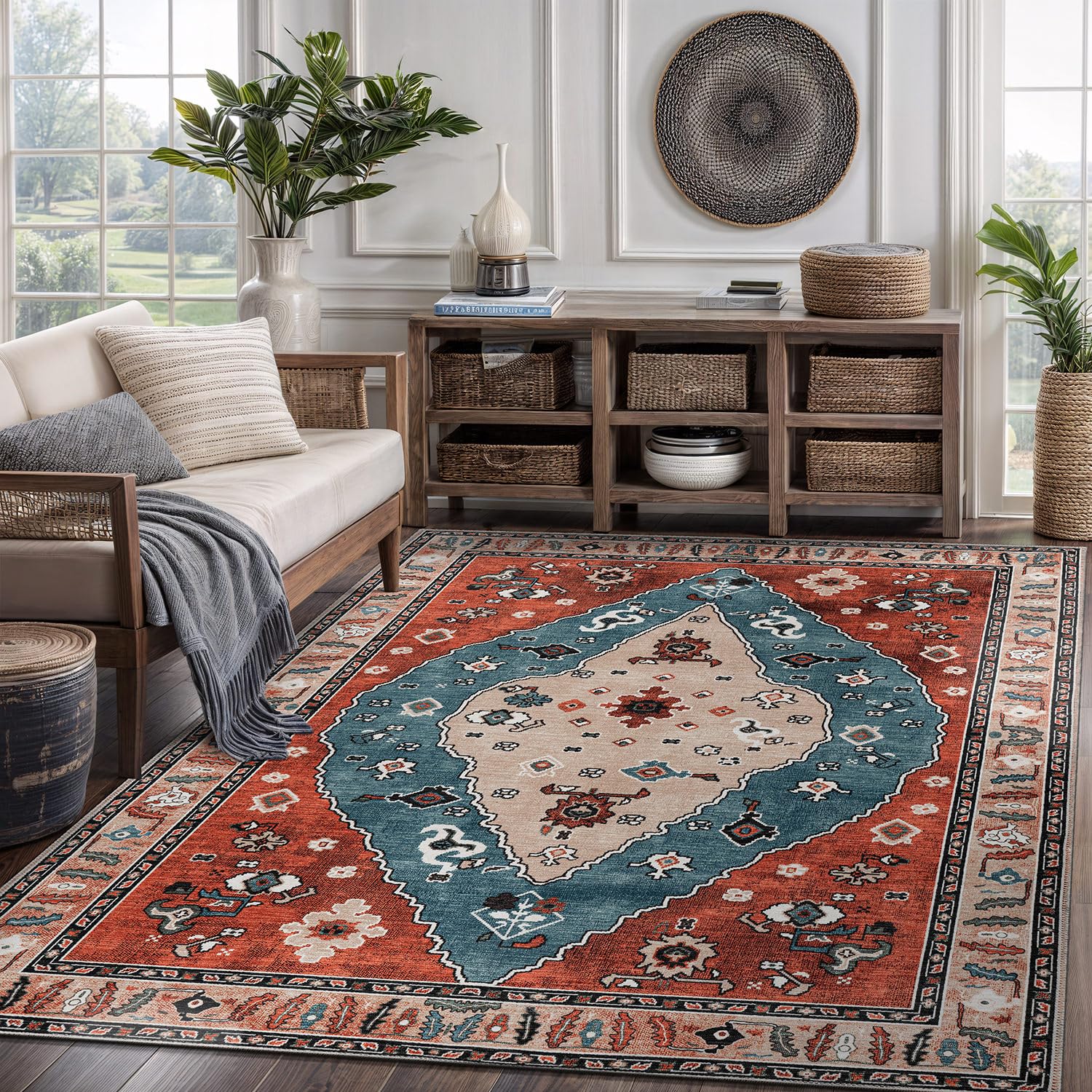 CAMILSON Machine Washable Area Rug 5x7 Red Thin Distressed Vintage Medallion Durable & Easy to Clean Carpet for Living Room Bedroom Dining Room Indoor