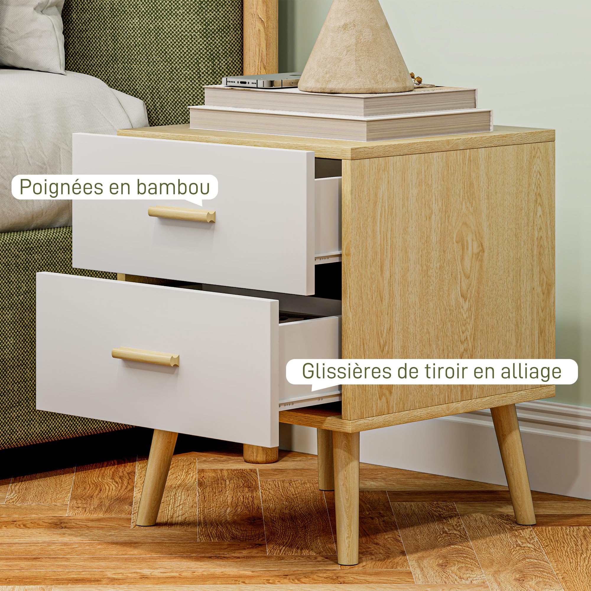 HOMCOM Mesita de Noche con 2 cajones, Estilo Moderno, para Dormitorio, salón, 40 x 40 x 50 cm, Roble