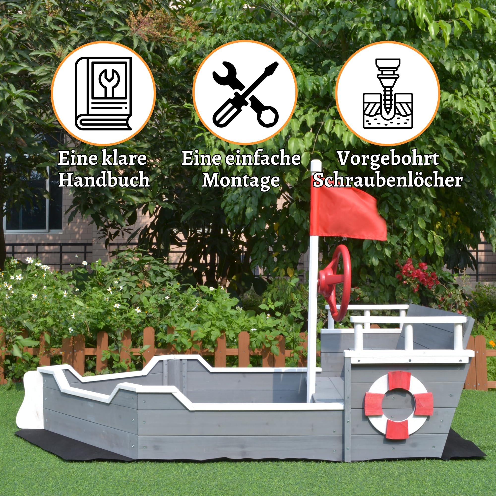 Sandkasten aus Holz Boot – Inkl. Bodenplane – Sitzbank mit Ablagefach – Schiff Spielplatz Ausrüstung - 1950 x 940 x 1355mm