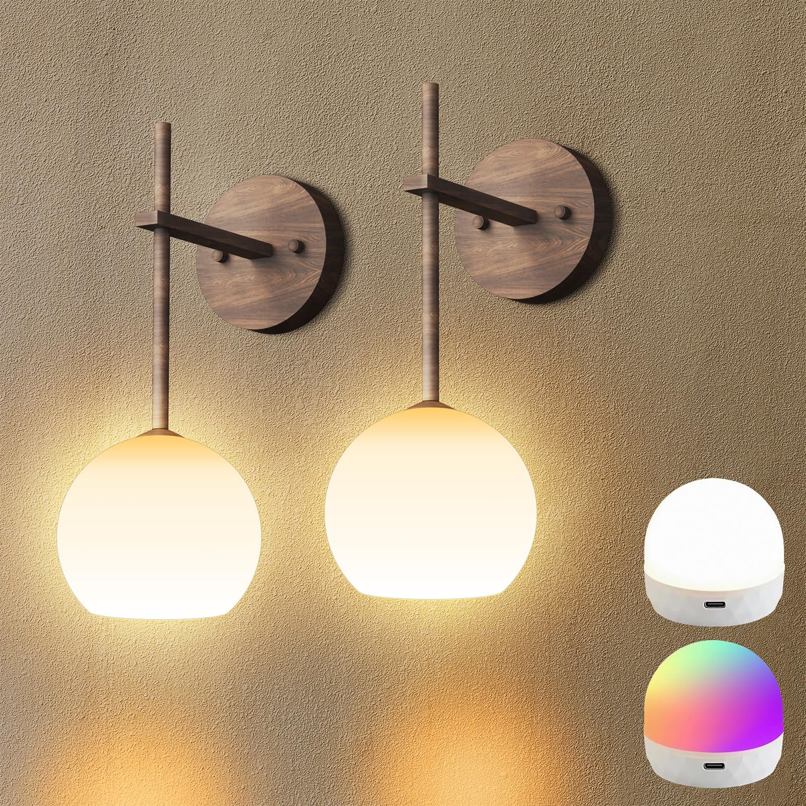 Photo 1 of Walnut Grain Battery Operated Wall Sconces Set of 2, Rechargeable Wireless Wall Lights with Milky White Frosted Glass, 12 RGB and 3CCT Dimmable, Wall Lamps with Remote for Bedroom Living Room Hallway