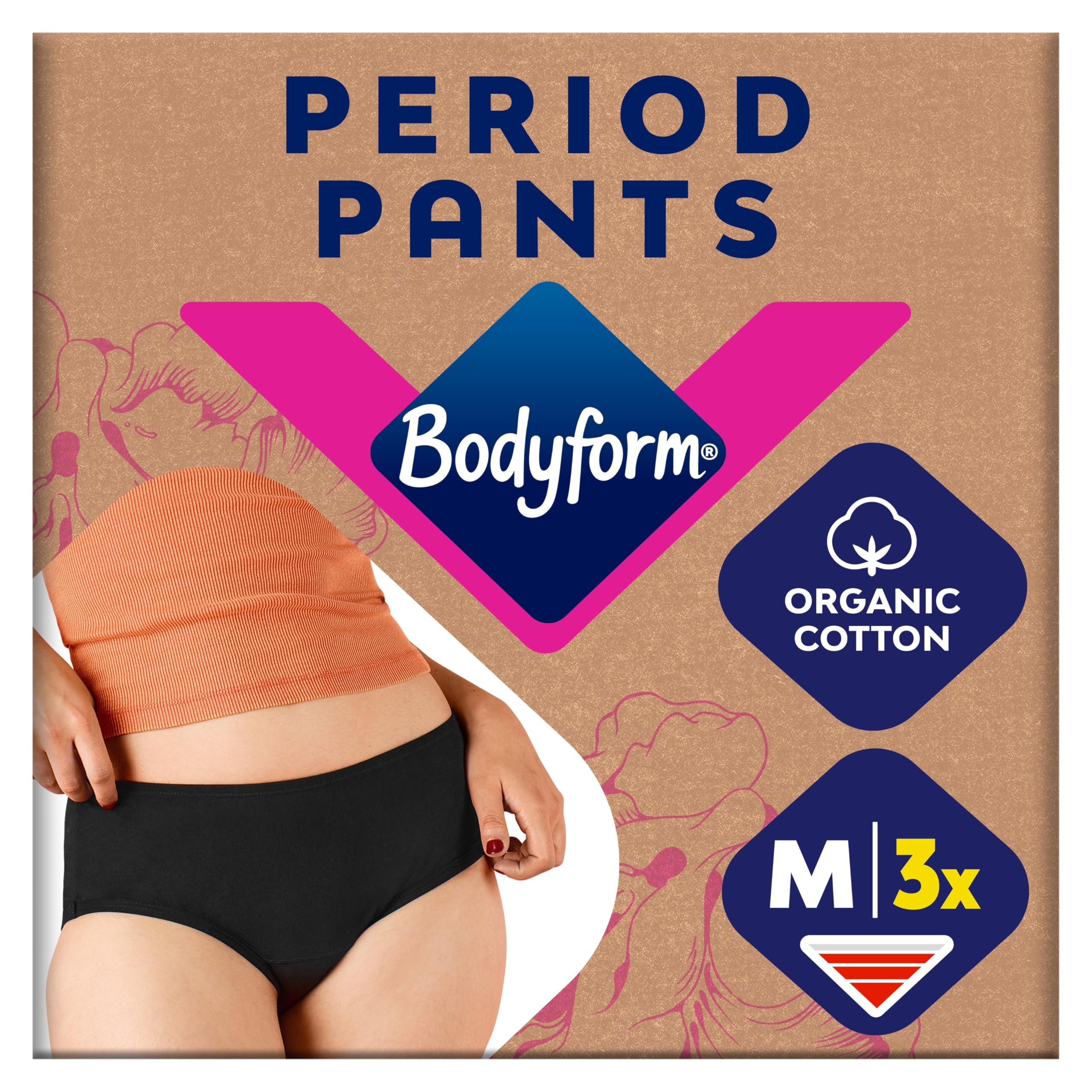 Bodyform Reusable Period Pants, for up to 12 Hours of Protection, ComfortFit Gusset Adjusted by Size, Menstrual Underwear for Moderate to Heavy Flow, Hipster Cut, 3 Pack, L, Black
