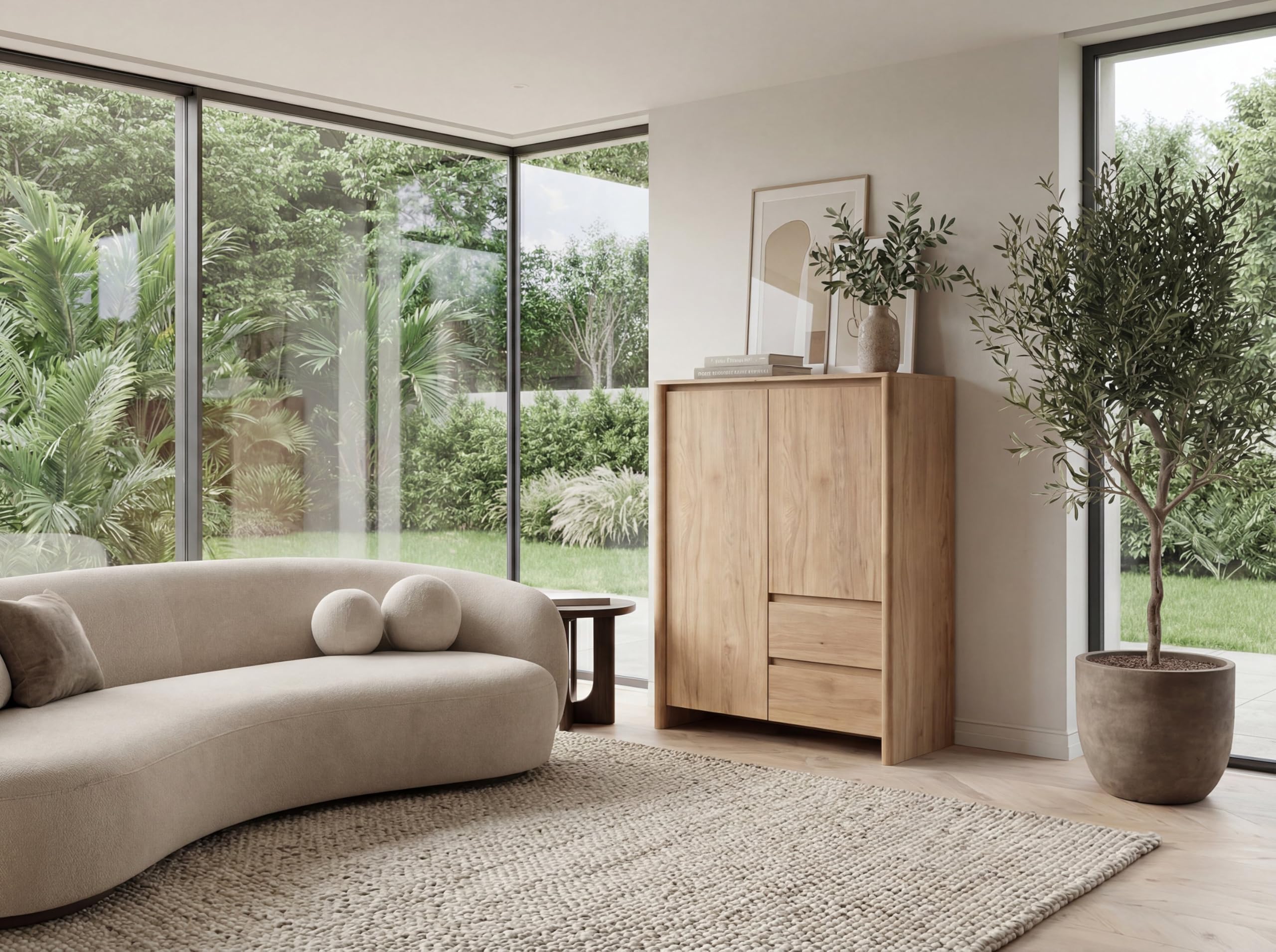Newroom Highboard Wohnzimmer Wildeiche braun grifflos Hochschrank | Push-to-Open, 2 Türen 2 Schubladen, 7 Fächer mit Einlegeböden, Sideboard Kommode, Wohnzimmermöbel, Japandi Stauraum