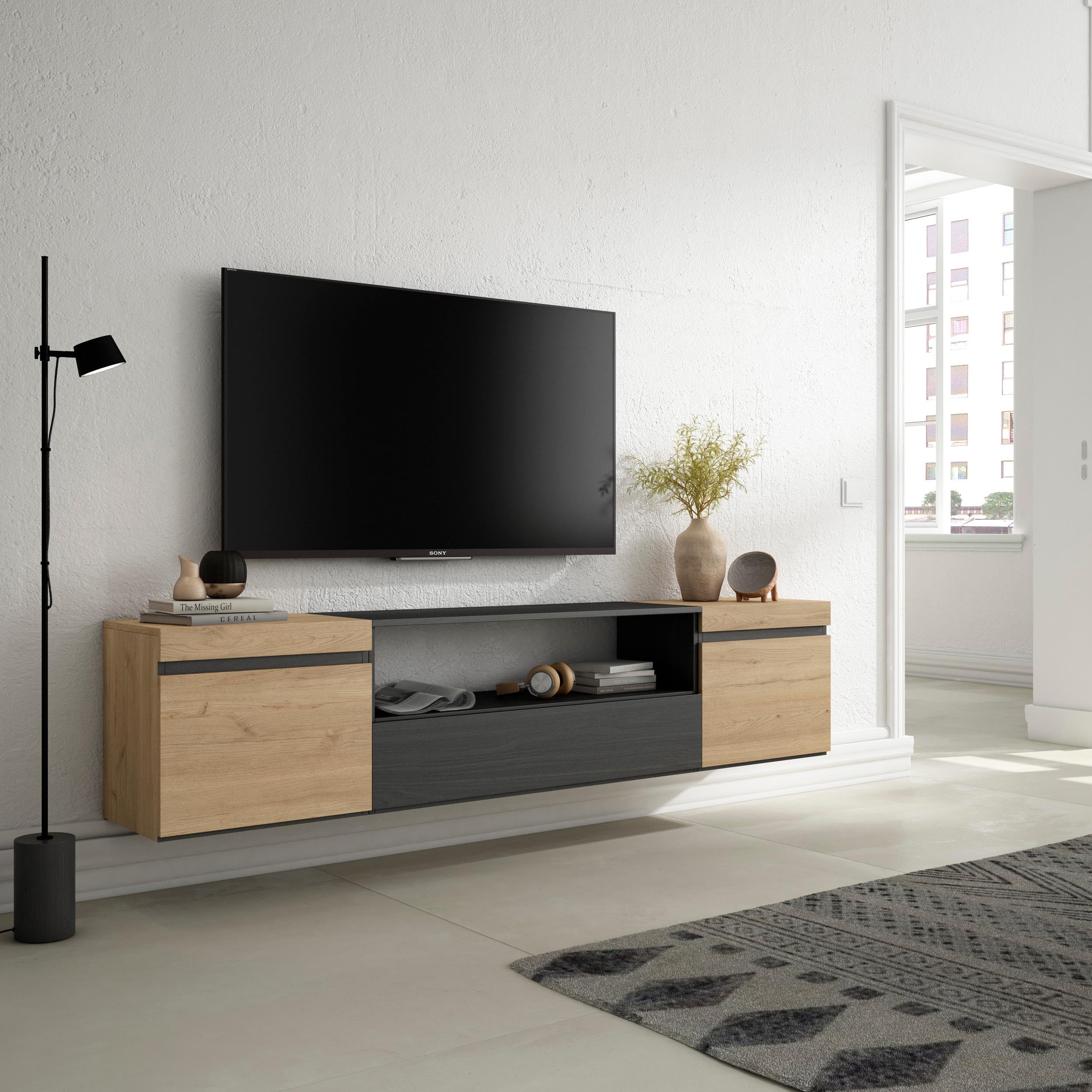Skraut Home | Meuble TV | Banc Télé | Grand Espace de Rangement | 200x45x35cm | pour Les TV jusqu'à 80" | Suspendu, Mural | Style Moderne | Chêne et Noir