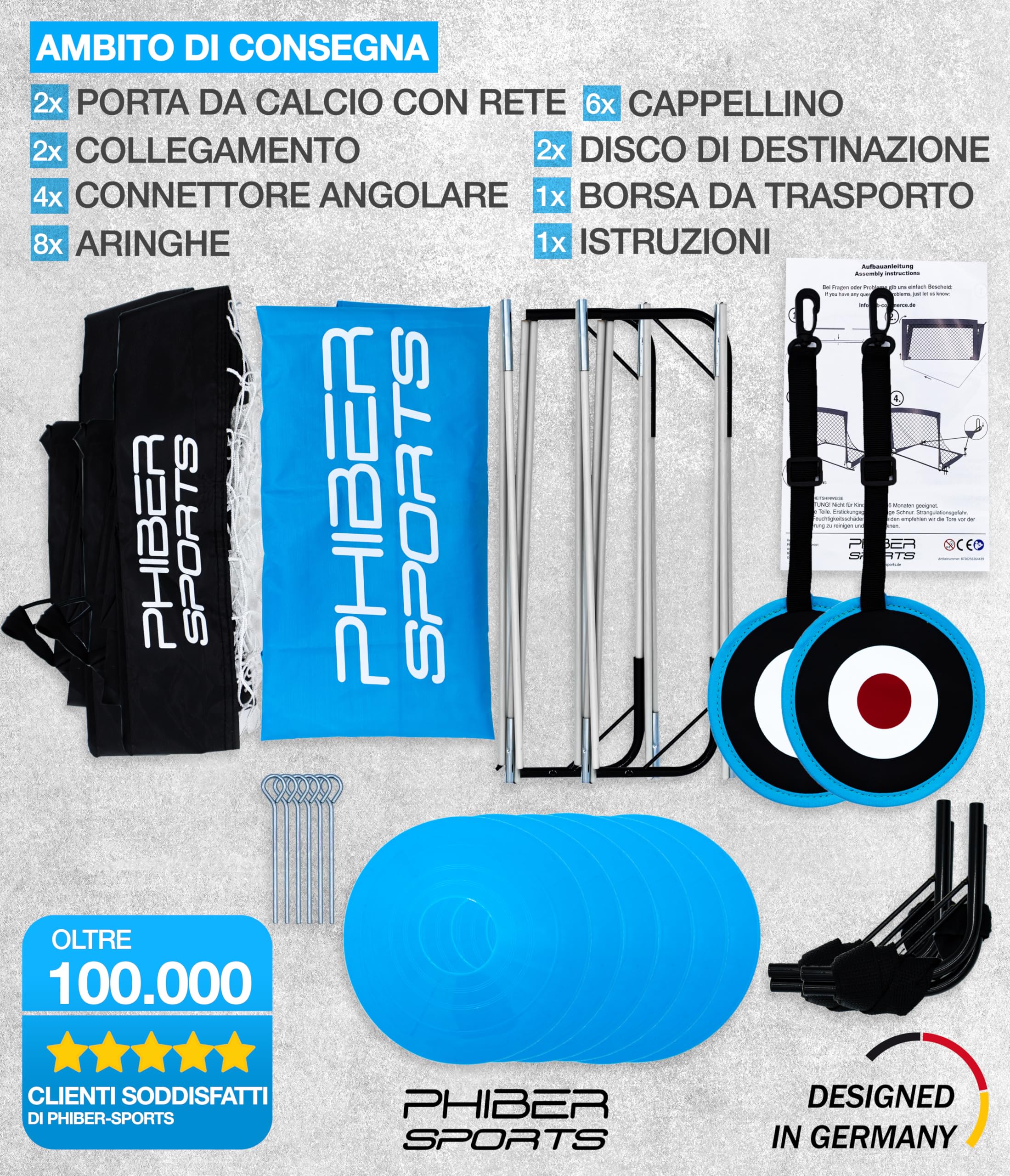 PHIBER-SPORTS Set di porte da calcio per bambini per 2 persone - Versione migliorata 2026 con pali in fibra di vetro rinforzati - Incl. borsa per il trasporto, 6x coni, 2x bersaglio