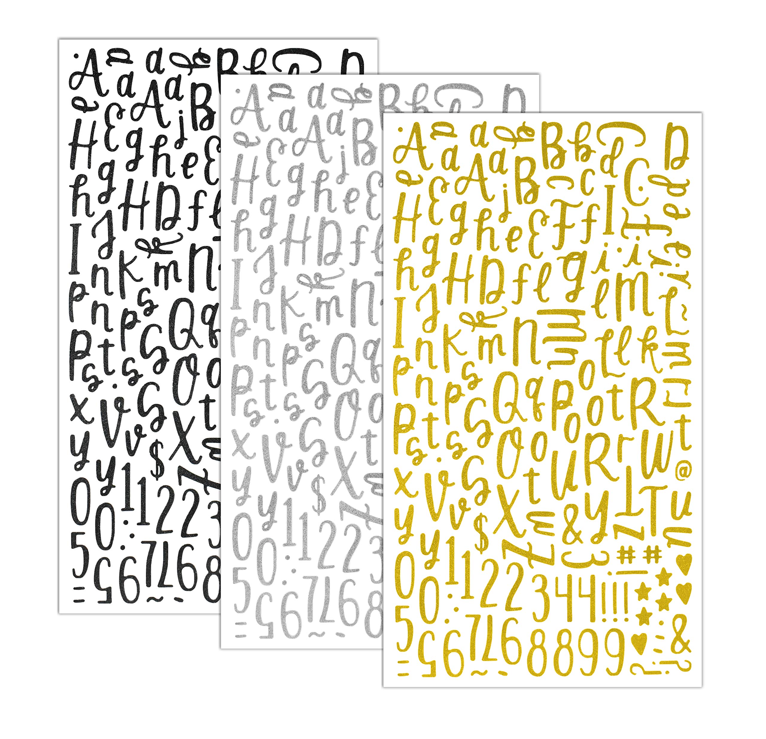 QQ&U Glitter Cursive Alphabet Letter and Number Stickers (3: Black, Silver, Gold)