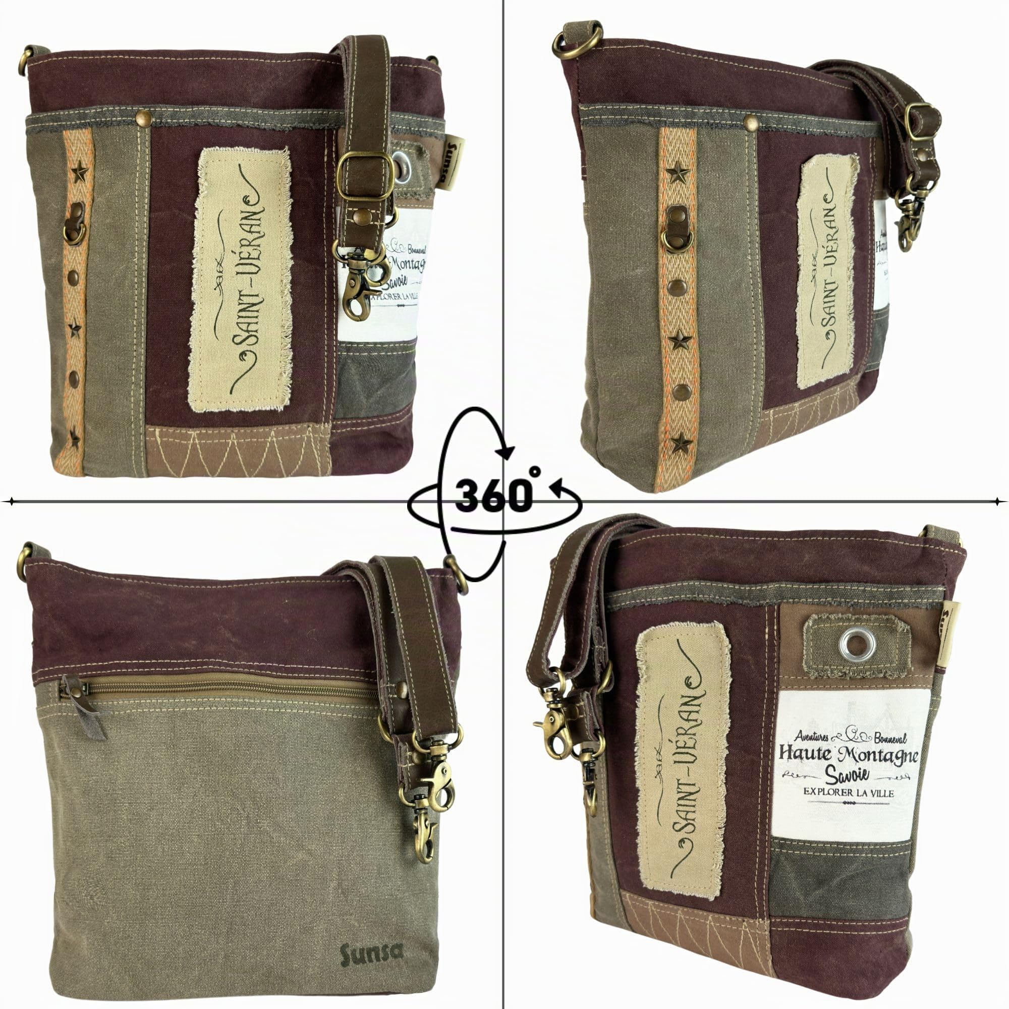Sunsa Umhängetasche. Große Damen Tasche aus Canvas & Leder, braun khaki