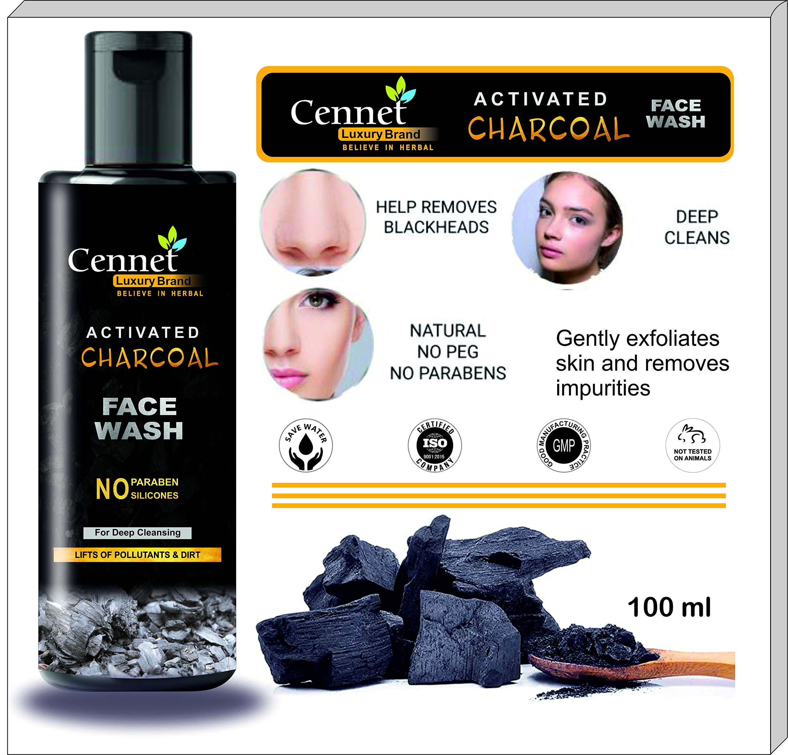 Cennet Activated Charcoal Face wash for Men & Women Skin whitening , Anti - Acne & Pimple, Oil control Face wash (100 ml)