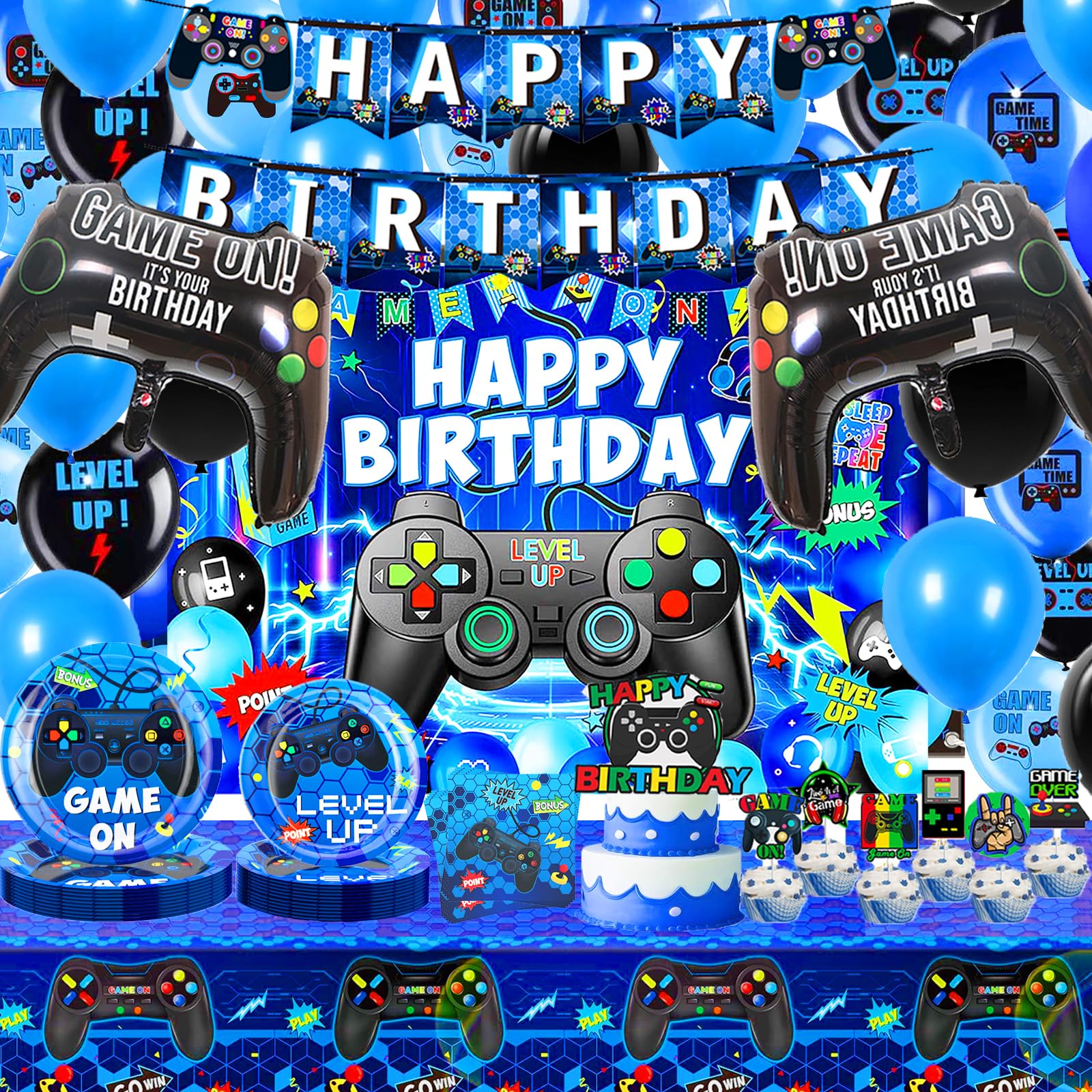 PLHDOR Video Game Birthday Decorations,Game Party Decorations,Backdrop,Plates,Napkins,Latex and Foil Balloons Tablecloth,Party Supplies for Boys