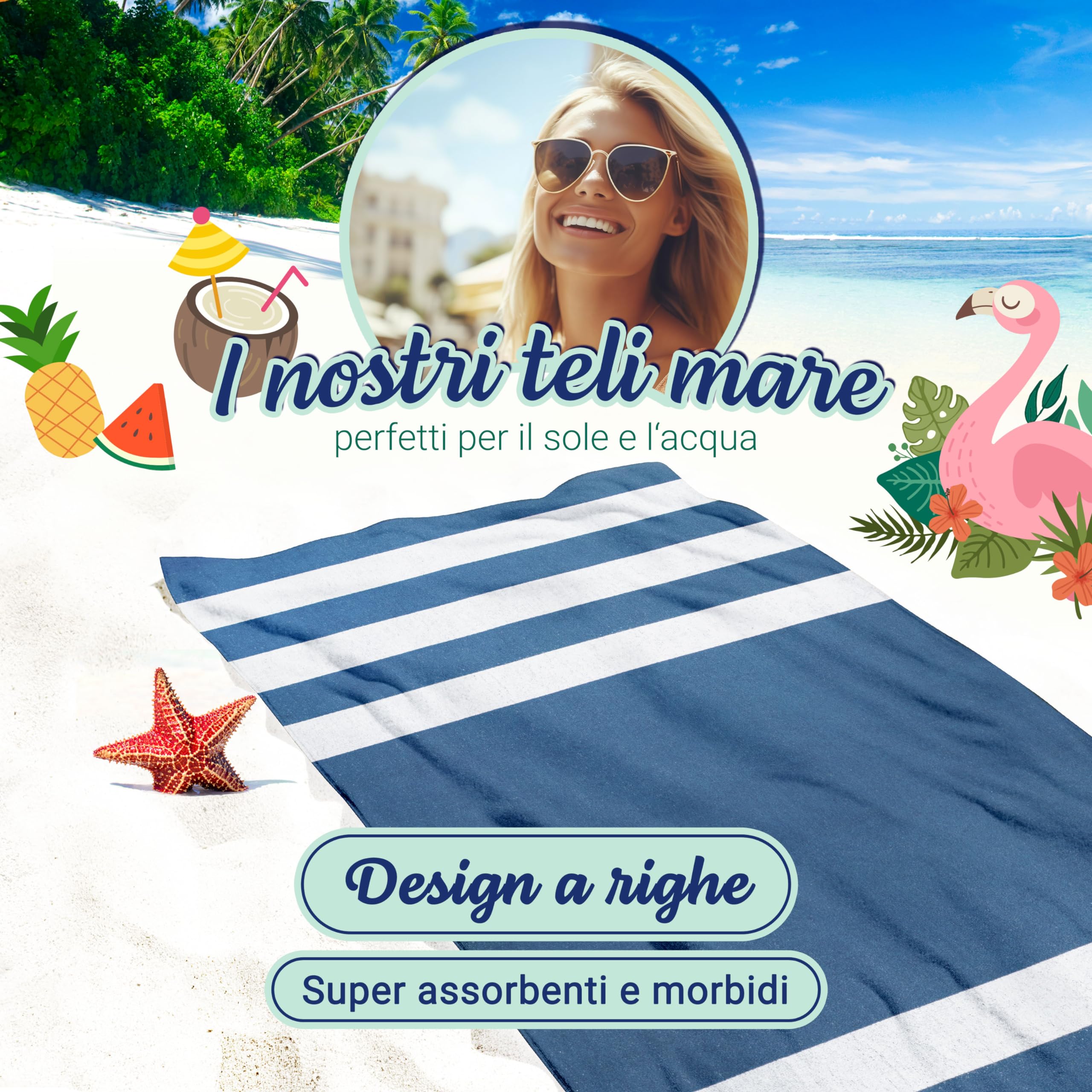 ZOLLNER Telo mare - asciugamano da spiaggia resistente e assorbente in 100x200 cm - lavabile a 60°C - cotone - blu con righe bianche - certificato OEKO TEX (R)