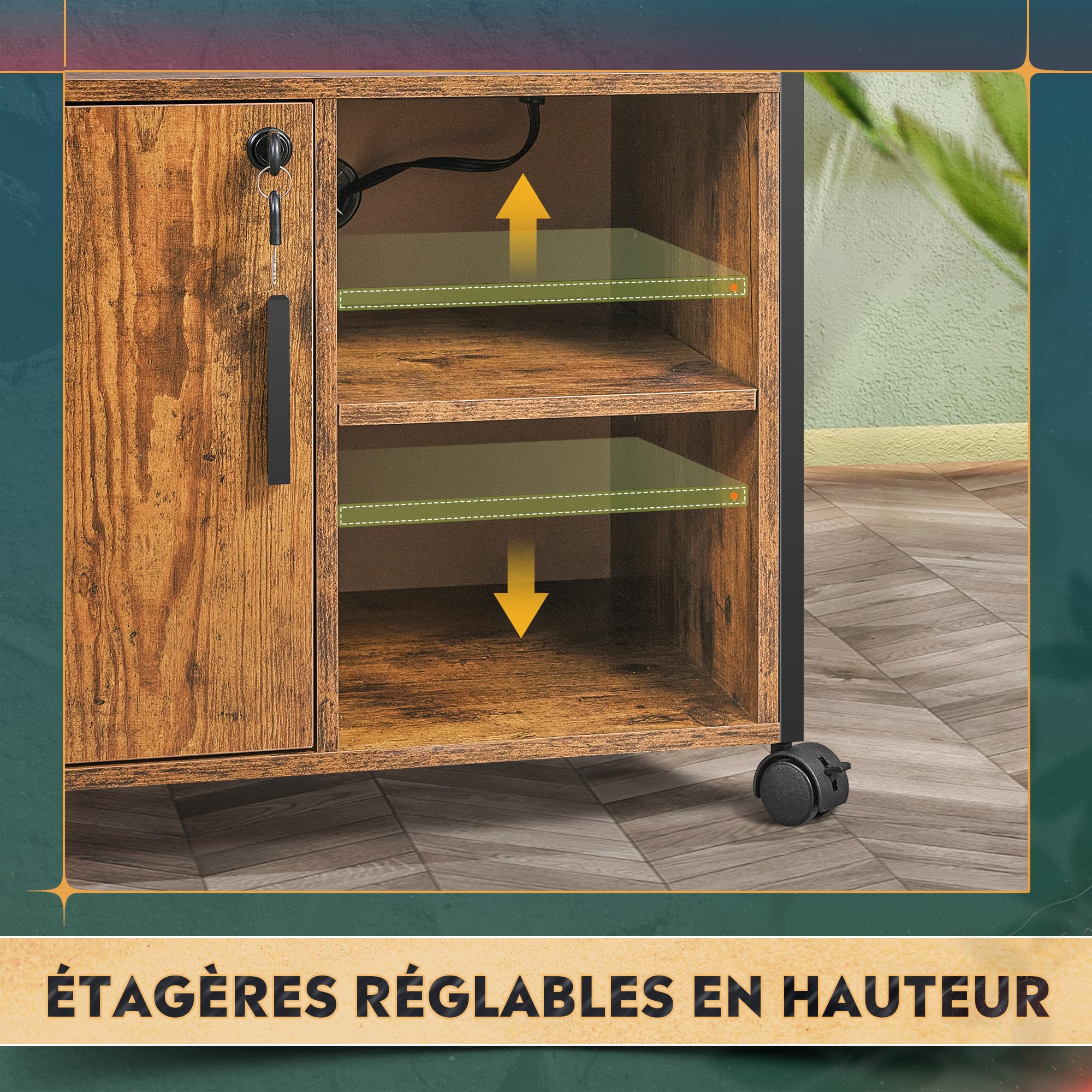 DEVAISE Caisson Bureau Mobile avec Station de Recharge - Meuble Imprimante Verrouillable à roulettes pour Bureau Domicile - Rangement A4, Étagères Réglables,Brun Bois