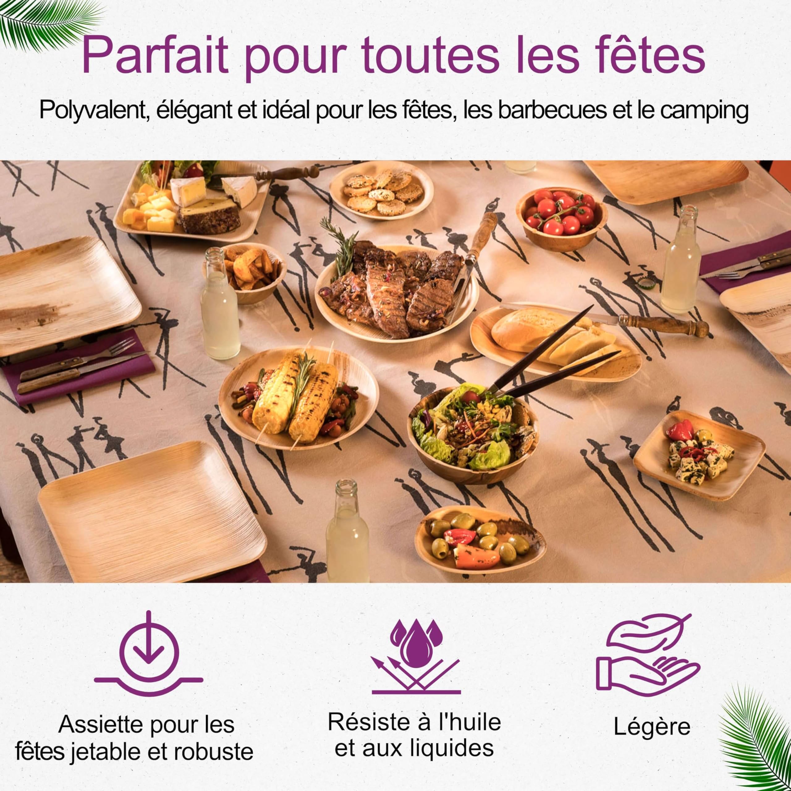 Assiette Jetable en Feuille de Palmier - 50 pcs. Carrées 25x25 cm - Vaisselle Naturelle et Élégante - Chic, Résistante et au Design Unique - semblable au Bambou et au Bois