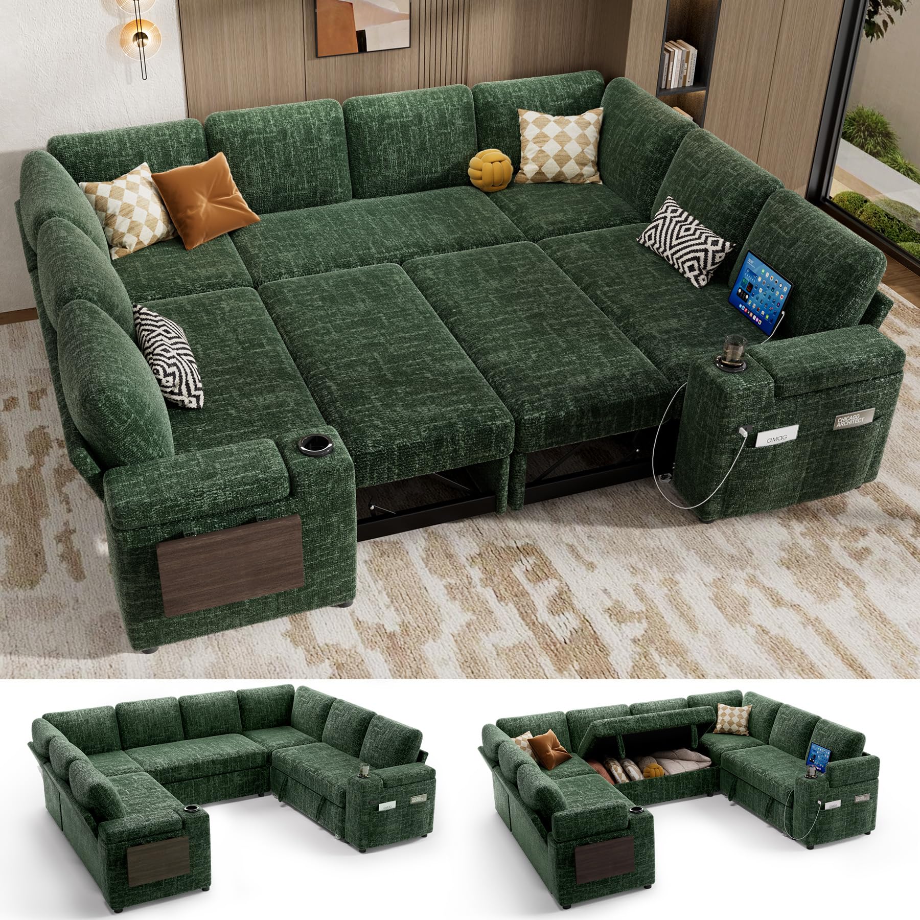 Vipbear 111" Modular Sectional Sleeper Sofa with Pull Out Bed, 8 Seat Chenille U Shaped Couch with Storage Chaise|USB Ports|Cup Holders|Side Table|Storage Armrests, Tool Free Assembly, Green