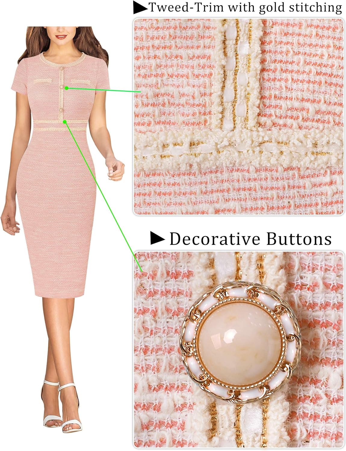 VFSHOW Womens Crew Neck Button Business Work Office Bodycon Dress Short Sleeve Patchwork Tweed Trim Party Pencil Sheath Dress