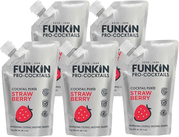 FUNKIN Strawberry Puree Cocktail Mixer | Made with Real Fruit | Fresh Fruit Puree for Professional Cocktails, Smoothies, & Desserts | 0% ABV | Resealable Pouch | 1kg, Pack of 5 - 2