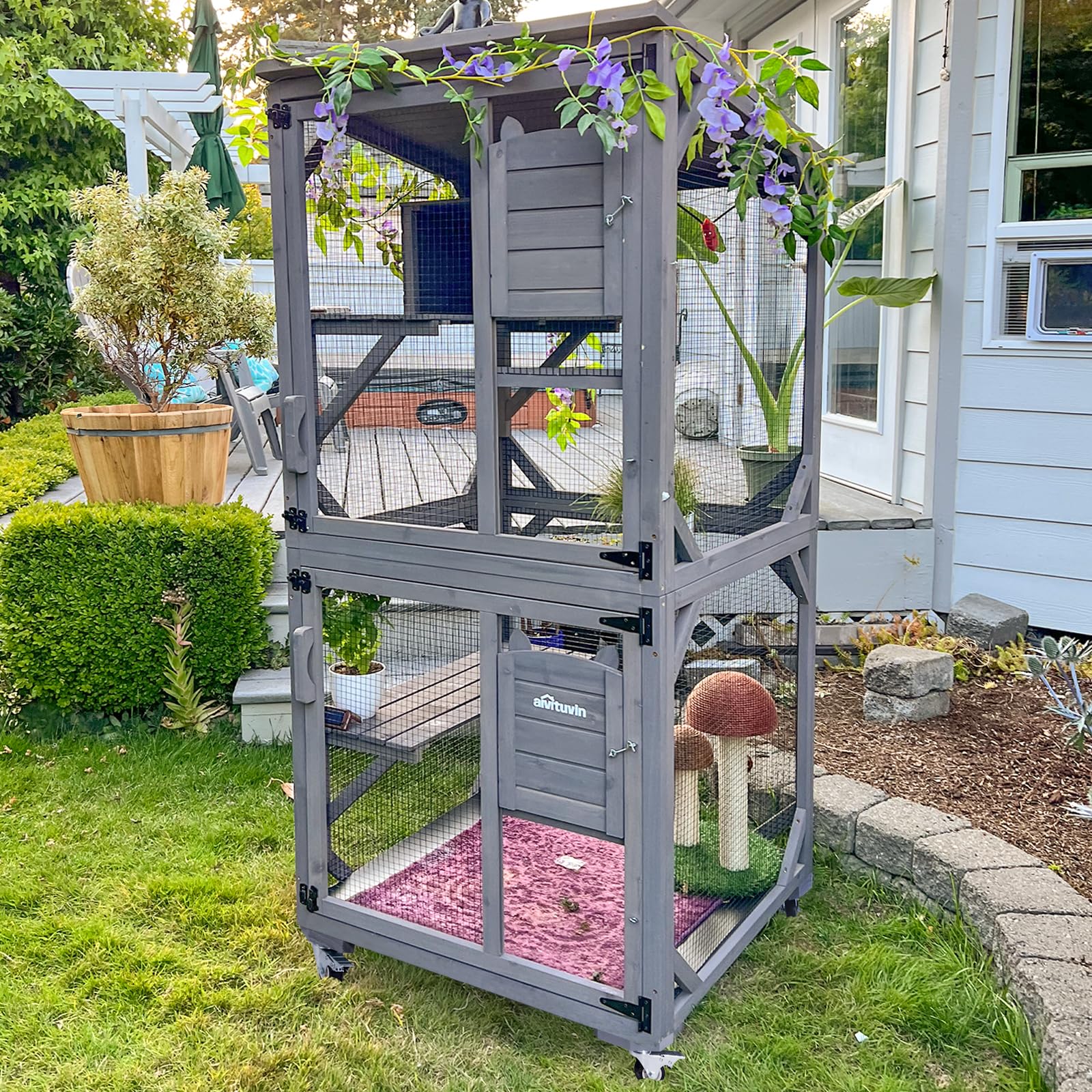 71Inches Outdoor Catio Cat Enclosure, Kitty House Indoor with Perches and Condos Large Cat Shelter -Waterproof Catio Shelter with Wheels