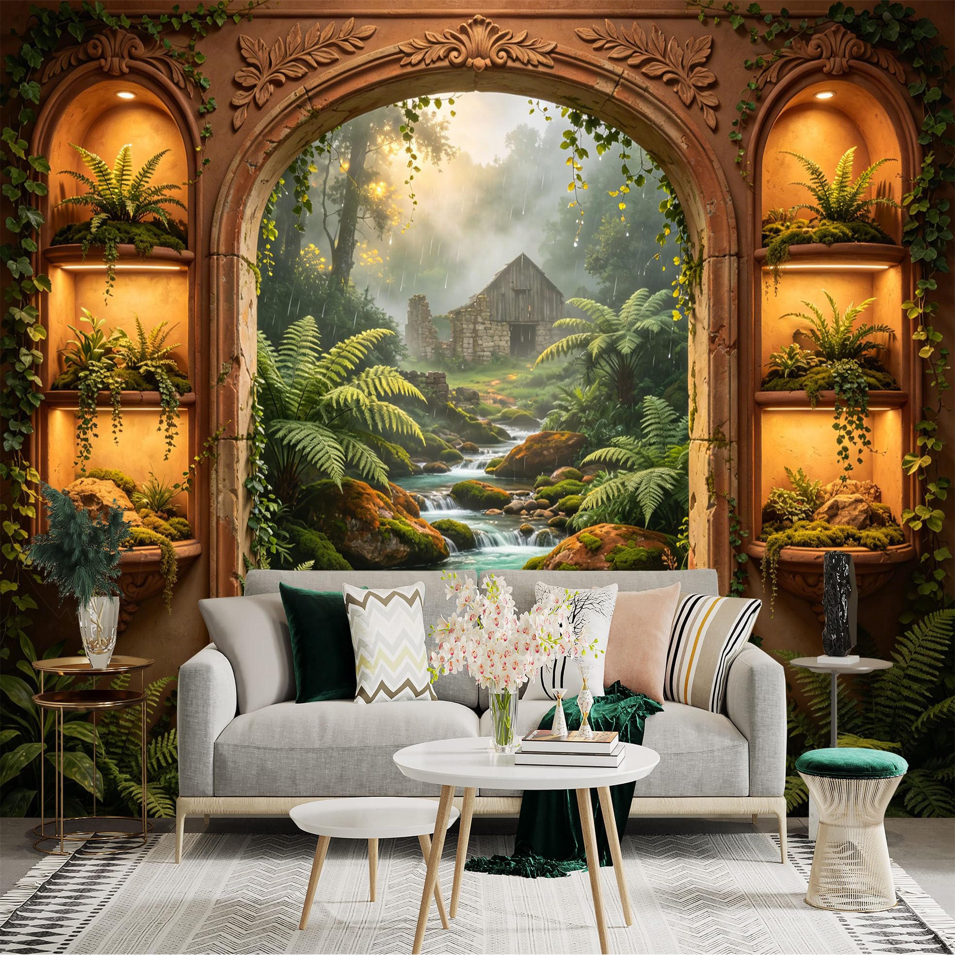 Custom Size Wall Sticker Mural， Rustic Stone Cottage by Forest Stream with Ferns and Moss， for wall Decoration， peelandstick wall Decals.