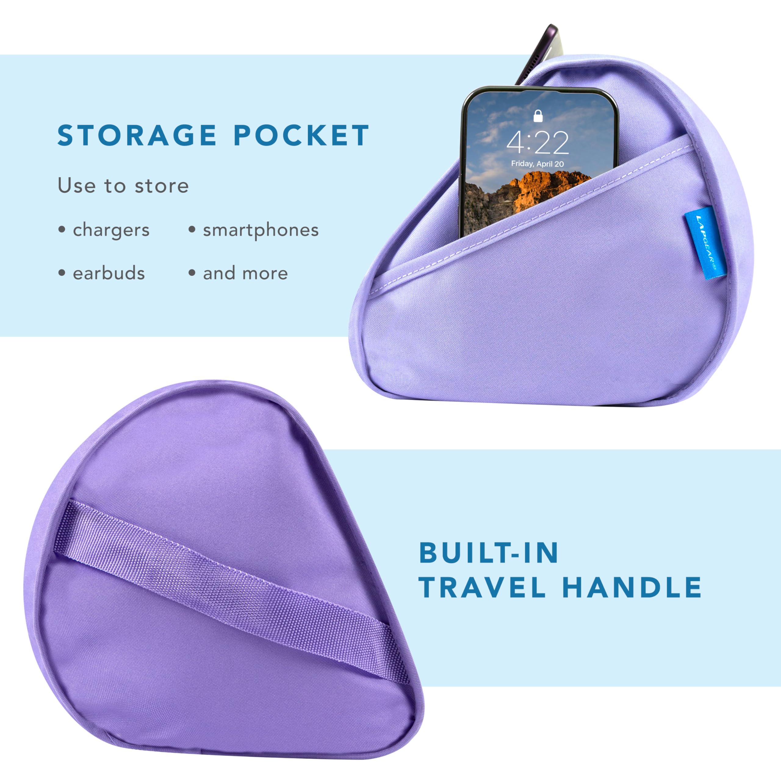 LapGear Supporto per tablet – Slot per iPad, Galaxy Tabs, Kindle, e-reader e telefoni | Supporto imbottito con tasca portaoggetti e maniglia | Viola ametista - Stile n. 33102
