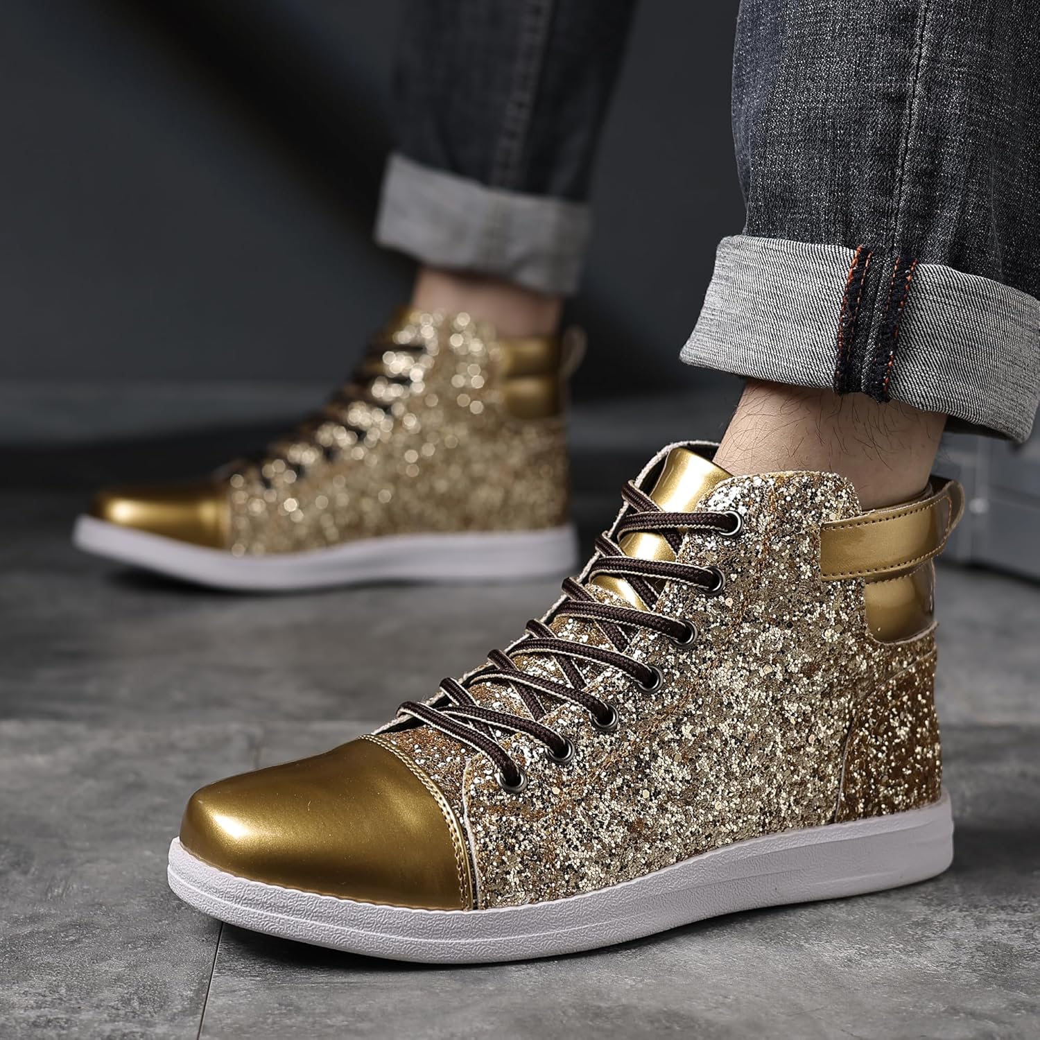 Trsorini Mens Glitter Shoes Sparkly High-top Sneakers Bling Sequin Shiny Men Lace-up Shoes - Image 6
