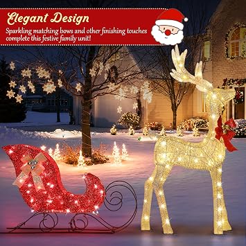 Clearance Outdoor Christmas Gold Reindeer Decorations Lighted 4Ft 3D Reindeer & Sleigh Christmas Decoration Set with 160 LED Lights, Festive Yard Outside Deer Decor for Lawn & Holiday Display
