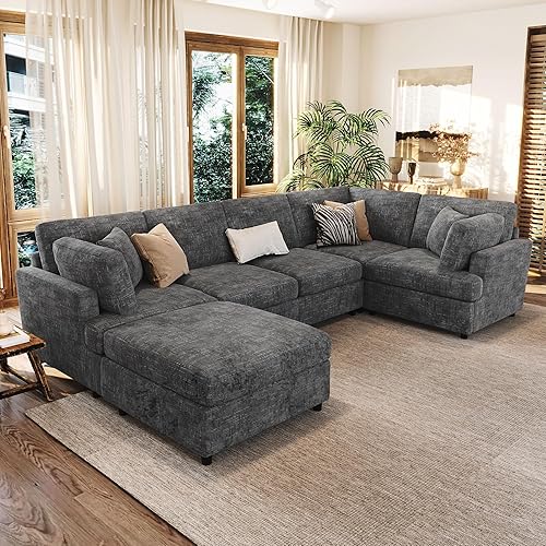 Merax Modern 127" U-Shaped Sectional Sofa with Movable Ottoman, Chenille 6-Seat Convertible Modular Corner Couch with with Sturdy Pine Wood Frame for Living Room,Apartment Gray