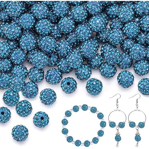 150 pcs 10mm Rhinestone Beads for Jewelry Making, Blue Zircon Shiny Round Shamballa Disco Beads Bulk, Sparkle Crystal Clay Christmas for Bracelet Baseball Necklace Earring Crafting and DIY